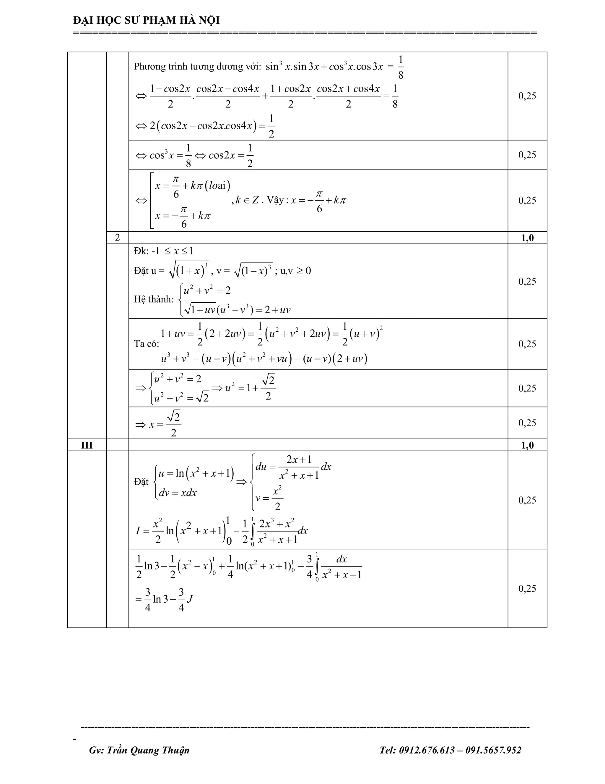 ------------------------------------------------------------------------------------------------------------------------------------
-
Gv: Trần Quang Thuận Tel: 0912.676.613 – 091.5657.952
ĐẠI HỌC SƯ PHẠM HÀ NỘI
=========================================================================
Phương trình tương đương với: 3 3
sin .sin3 os .cos3x x c x x =
1
8
 
1 os2 os2 os4 1 os2 os2 os4 1
. .
2 2 2 2 8
1
2 os2 os2 . os4
2
c x c x c x c x c x c x
c x c x c x
   
  
  
0,25
3 1 1
os os2
8 2
c x c x    0,25
 ai
6
,
6
x k lo
k Z
x k





 
 
   

. Vậy :
6
x k

   0,25
2 1,0
Đk: -1 1x 
Đặt u =  
3
1 x , v = 3
(1 )x ; u,v 0
Hệ thành:
2 2
3 3
2
1 ( ) 2
u v
uv u v uv
  

   
0,25
Ta có:
     
    
22 2
3 3 2 2
1 1 1
1 2 2 2
2 2 2
( ) 2
uv uv u v uv u v
u v u v u v vu u v uv
       
       
0,25
2 2
2
2 2
2 2
1
22
u v
u
u v
  
   
 
0,25
2
2
x  0,25
III 1,0
Đặt
 2 2
2
2 1
ln 1 1
2
x
du dx
u x x x x
xdv xdx v

      
 
  

 
12 3 2
2
0
1 1 22ln 1
2 2 10
x x x
I x x dx
x x

   
 
0,25
 
1
12 2 1
0 20
0
1 1 1 3
ln3 ln( 1)
2 2 4 4 1
3 3
ln 3
4 4
dx
x x x x
x x
J
     
 
 

0,25
 