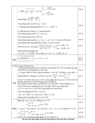 => 
2 
2 
8 10 
( ) 
5 
4 2 
2  8 10 
( ) 
5 
B 
B 
B 
B 
x loai 
x 
BD x 
x tm
é
= -ê
æ ö ê= + = Ûç ÷
êè ø
=ê
ë
uuur 
Tọa độ điểm 
8 10 4 10 
; 
5 5 
B
æ ö
ç ÷ç ÷
è ø 
Vecto pháp tuyến của BC là ( ) 2;1 BC n =
uuur 
=> phương trình đường thẳng BC là:  2 4 10 0 x y+ - = 
2)  Mặt cầu (S) có tâm I(2; ­1; 3) bán kính R=5 
Vectơ pháp tuyến của (P): ( ) ( ) 2;3; 2 P 
n = -
uuur 
Vectơ chỉ phương của d: ( ) 3;1;5 u 
r 
Vectơ pháp tuyến của (Q): ( ) ( ) ( ) 17; 16; 7 Q P 
n n u= Ù = - -
uuur uuur r 
vì (Q) ^ (P); (Q)//d 
Gọi phương trình mặt phẳng (Q) có dạng: 17x­16y­7z+D=0 
Theo bài ra ta có: ( )( )  2 2 2 
15 66 29 34 16 21 
; 5 
17 16 7  15 66 29 
D D 
d I Q 
D
é = -+ - +
= = Û ê
+ + = - -êë 
Phương trình mặt phẳng (Q): 
17 16 7 15 66 29 0 x y z- - + - =  hoặc 17 16 7 15 66 29 0 x y z- - - - = 
0,25 đ 
0,25 đ 
0,25 đ 
0,25 đ 
0,5 đ 
VII.a 
3 2 
5 16 30 0 z z z- + - = 
có 3 nghiệm là:  1 2 3 3; 1 3 ; 1 3 z z i z i= = + = + 
=>  2 2 2 
1 2 3  7 A z z= + + = - 
0,5 đ 
0,5 đ 
B. Theo trương trình nâng cao 
VI.b 
1) Phương  trình đường  tròn  có  tâm I(1;­2) bán  kính R=3,  từ  A  kể  được  hai  tiếp 
tuyến AB, AC tới đường tròn và AB ^ AC 
=> tứ giác ABIC là hình vuông cạnh bằng 3=>IA=3 2 . Để điểm A duy nhất => 
đường thẳng IA vuông góc với d ta có: ( ) 
5 1 
; 3 2 
7 2 
m m 
d I d 
m
= -- é
= = Û ê =ë 
2) Gọi  H  là  hình  chiếu  của  A  trên  d,  mặt  phẳng  (P)  đi  qua  A  và  (P)//d,  khi  đó 
khoảng cách giữa d và (P) là khoảng cách từ H đến (P). 
Giả sử điểm I là hình chiếu của H lên (P), ta có AH³ HI=> HI lớn nhất khi A ºI 
Vậy (P) cần tìm là mặt phẳng đi qua A và nhận  AH 
uuur 
là vecto pháp tuyến
( ) 1 2 ; ;1 3 H d H t t tÎ Þ + +  vì H là hình chiếu của A trên d nên 
Vecto chỉ phương của d là: ( ) 2;1;3 u =
r
( ) ( ) 0 4;1;4 7; 1;5 AH d AHu H AH^ Þ = Þ Þ - -
uuurr uuur 
Phương trình mặt phẳng (P):7x+y­5z­77=0 
0,5 đ 
0,5 đ 
0,5 đ 
0,5 đ 
VII.b 
Điều kiện:  2 
4 0 mx x m+ + >  đúng với  x R" Î 
2 
0 
2 
4 0 
m 
m 
m
>ì
Û Û >í
D = - <î 
(1)
( ) ( ) 2 2 
5 1 log 1 log 4 x mx x m+ + ³ + + ( )  2 
5 4 5 0 m x x mÛ - - + - ³  đúng với  x R" Î 
2 
5 5 0 
3 
0  10 21 0 
m m 
m 
m m
<- > ìì
Û Û Û £í í
D £ - + - £î î 
(2) 
Từ (1), (2)=> bất phương trình đúng với  x R" Î  khi m=3 
0,25 đ 
0,25 đ 
0,25 đ 
0,25 đ 
Thí sinh vẫn được điểm tối đa nếu làm đúng các bài trên theo cách khác.
 