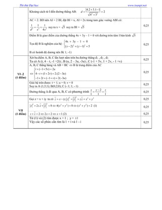 Thi thử Đại học www.toanpt.net
Khoảng cách từ I đến đường thẳng AB:
2 2
4.2 3.1 1
2
4 3
d
 
 

AC = 2. BD nên AI = 2 BI, đặt BI = x, AI = 2x trong tam giác vuông ABI có:
2 2 2
1 1 1
4d x x
  suy ra x = 5 suy ra BI = 5
0,25
Điểm B là giao điểm của đường thẳng 4x + 3y – 1 = 0 với đường tròn tâm I bán kính 5
Tọa độ B là nghiệm của hệ: 2 2
4x 3y – 1 0
( 2) ( 1) 5x y
 

   
B có hoành độ dương nên B( 1; -1)
0,25
VI -2
(1 điểm)
Xét ba điểm A, B, C lần lượt nằm trên ba đường thẳng d1 , d2 , d3
Ta có A (t, 4 – t, -1 +2t) ; B (u, 2 – 3u, -3u) ; C (-1 + 5v, 1 + 2v, - 1 +v)
0,25
A, B, C thẳng hàng và AB = BC  B là trung điểm của AC
( 1 5 ) 2
4 (1 2 ) 2.(2 3 )
1 2 ( 1 ) 2( 3 )
t v u
t v u
t v u
   

     
      
0,25
Giải hệ trên được: t = 1; u = 0; v = 0
Suy ra A (1;3;1); B(0;2;0); C (- 1; 1; - 1)
0,25
Đường thẳng  đi qua A, B, C có phương trình
2
1 1 1
x y z
  0,25
VII
(1 điểm)
Gọi z = x + iy ta có
22 2 2
;z x iy z z zz x y      0,25
22 2 2 2 2
2 . 8 4( ) 8 ( ) 2 (1)z z z z x y x y         0,25
2 2 2 1 (2)z z x x      0,25
Từ (1) và (2) tìm được x = 1 ; y = 1
Vậy các số phức cần tìm là 1 + i và 1 - i 0,25
 