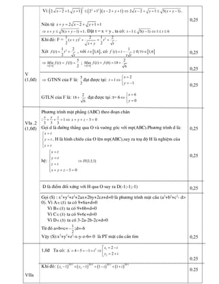 V 
(1,0đ) 
VIa .2 
(1,0đ) 
VIIa 
Vì ( ) ( )( ) 
2 
2 2 
2. 2 1. 1 2 1 2 1 x y x y- + + £ + - + +  2 2 1 5( 1) x y x yÛ - + + £ + -  . 
Nên từ  2 2 1 1 x y x y+ = - + + + 
5( 1) 1 x y x yÞ + £ + - +  . Đặt t = x + y , ta có:  1 5( 1) 1 6 t t t- £ - Û £ £ 
Khi đó: F =  2 2 1 2 1 2 
( ) 
2 2 
x y t 
x y t
+ + = +
+ 
. 
Xét  2 1 2 
( ) 
2 
f t t 
t
= +  , với [ ] 1;6 t Î  , có [ ] '  1 
( ) 0; 1;6 f t t t 
t t
= - ³ " Î
[ ] 1;6 
5 
( ) (1) 
2 t 
Min f t f
Î
Þ = =  ;
[ ] 1;6 
2 
ax ( ) (6) 18 
6 t 
M f t f
Î
= = +
Þ  GTNN của F là: 
5 
2 
đạt được tại: 
2 
1 
1 
x 
t 
y
=ì
= Û í
= -î 
GTLN của F là: 
2 
18 
6
+  đạt được tại :t= 6 
6 
0 
x 
y
=ì
Û í
=î
Ph­¬ng tr×nh mÆt ph¼ng (ABC) theo ®o¹n ch¾n
:  1 3 0 
3 3 3 
x y z 
x y z+ + = Û + + - =
Gäi d lµ ®­êng th¼ng qua O vµ vu«ng gãc víi mp(ABC).Ph­¬ng tr×nh d lµ: 
x t 
y t 
z t
=ì
ï
=í
ï =î
. H lµ h×nh chiÕu cña O lªn mp(ABC),suy ra to¹ ®é H lµ nghiÖm cña
hÖ:  (1;1;1) 
3 0 
x t 
y t 
H 
z t 
x y z
=ì
ï =ï
Þí
=ï
ï + + - =î
D lµ ®iÓm ®èi xøng víi H qua O suy ra D(-1;-1;-1)
Gäi (S) : x2
+y2
+z2
+2ax+2by+2cz+d=0 lµ ph­¬ng tr×nh mÆt cÇu (a2
+b2
+c2
- d>
0). V× A  ( ) SÎ ta cã 9+6a+d=0
V× B  ( ) SÎ ta cã 9+6b+d=0
V× C  ( ) SÎ ta cã 9+6c+d=0
V× D  ( ) SÎ ta cã 3-2a-2b-2c+d=0
Tõ ®ã a=b=c= 
1 
2
- ;d=-6
VËy (S):x2
+y2
+z2
-x-y-z-6= 0 lµ PT mÆt cÇu cÇn t×m 
1,0đ   Ta có:  ' 2 
4 5 1  iD = - = - =  1 
2 
2 
2 
z i 
z i
= -é
Þ ê = +ë 
Khi đó: ( ) ( ) ( ) ( ) 
2011 2011 2011 2011 
1 2 1 1 1 1 z z i i- + - = - + + 
0,25 
0,25 
0,25 
0,25 
0,25 
0,25 
0,25 
0,25 
0.25 
0.25
 