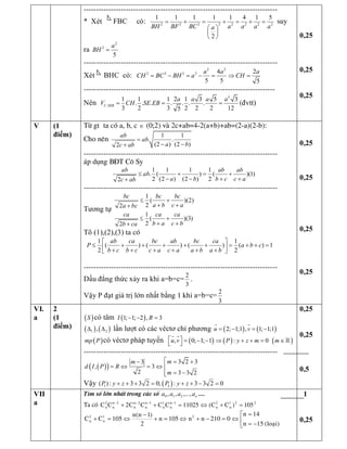 ------------------------------------------------------------------------------ 
*  Xét  FBC  có:  2 2 2 2 2 2 2 2 
1 1 1 1 1 4 1 5 
2 
BH BF BC a a a a a
= + = + = + =
æ ö
ç ÷
è ø
suy
ra 
2 
2 
5 
a 
BH =
------------------------------------------------------------------------------ 
Xét  BHC  có: 
2 2 
2 2 2 2  4 2 
5 5  5 
a a a 
CH BC BH a CH= - = - = Þ =
----------------------------------------------------------------------------- 
Nên 
3 
. 
1 1 1 2 1 3 5 3 
. . . . . . . 
3 2 3 2 2 2 12 5 
C SEB 
a a a a 
V CH SE EB= = = (đvtt) 
0,25 
0,25 
0,25 
V  (1 
điểm)
Tõ gt ta cã a, b, c Î (0;2) vµ 2c+ab=4-2(a+b)+ab=(2-a)(2-b):
Cho nªn 
1 1 
. . 
(2 ) (2 ) 2 
ab 
ab 
a b c ab
=
- -+
------------------------------------------------------------------------------
¸p dông B§T C« Sy 
1 1 1 1 
. ( ) ( )(1) 
2 (2 ) (2 ) 2 2 
ab ab ab 
ab 
a b b c c a c ab
£ + = +
- - + ++
------------------------------------------------------------------------------ 
Tương tự 
1 
( )(2) 
2 2 
1 
( )(3) 
2 2 
bc bc bc 
a b c a a bc 
ca ca ca 
b a c b b ca
£ +
+ ++
£ +
+ ++ 
Tõ (1),(2),(3) ta cã 
1 1 
( ) ( ) ( ) ( ) 1 
2 2 
ab ca bc ab bc ca 
P a b c 
b c b c c a c a a b a b
é ù
£ + + + + + = + + =ê ú+ + + + + +ë û
------------------------------------------------------------------------------ 
Dấu đẳng thức xảy ra khi a=b=c= 
2 
3 
. 
Vậy P đạt giá trị lớn nhất bằng 1 khi a=b=c= 
2 
3 
0,25 
0,25 
0,25 
0,25 
VI. 
a 
2 
(1 
điểm)
( ) S  có tâm ( ) 1; 1; 2 , 3 I R- - =
( ) ( ) 1 2 ,D D  lần lượt có các véctơ chỉ phương ( ) ( ) 2; 1;1 , 1; 1;1 u v= - = -
r r
( ) mp P  có véctơ pháp tuyến ( ) , 0; 1; 1 u vé ù = - -ë û
r r
( ): 0 P y z mÞ + + = ( ) mÎ¡
------------------------------------------------------------------------------
( )( ) 
3 2 3 3 
, 3 
2  3 3 2 
m m 
d I P R 
m
é = +-
= Û = Û ê
= -êë 
Vậy ( ) 1 2 ( ) : 3 3 2 0; : 3 3 2 0 P y z P y z+ + + = + + - = 
0,25 
0,25 
0,5 
VII 
a
T×m sè lín nhÊt trong c¸c sè naaaa ,...,,, 210 ....
Ta cã 221
n
2
n
1n
n
1
n
1n
n
2n
n
2n
n
2
n 105)CC(11025CCCC2CC =+Û=++ ----
ê
ë
é
-=
=
Û=-+Û=+
-
Û=+
)i¹lo(15n
14n
0210nn105n
2
)1n(n
105CC 21
n
2
n 
1
0,25
 