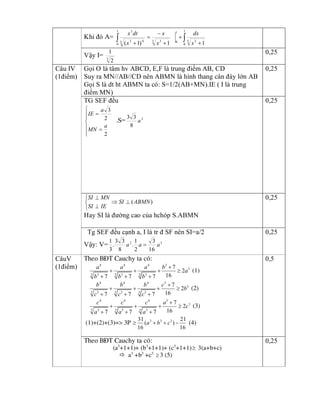 Khi đó A= òò +
+
+
-
=
+ 
1 
0 
3  3 
1 
0 3  3 
1 
0 
3  4 3 
3 
1 1 ) 1 (  x 
dx 
x 
x 
x 
dt x 
Vậy I=  3 
2 
1  0,25 
Gọi O là tâm hv ABCD, E,F là trung điểm AB, CD 
Suy ra MN//AB//CD nên ABMN là hình thang cân đáy lớn AB 
Gọi S là dt ht ABMN ta có: S=1/2(AB+MN).IE ( I là trung 
điểm MN) 
0,25 
TG SEF đều
ï
ï
î
ïï
í
ì
=
= 
2 
2 
3 
a 
MN 
a 
IE 
.S=  2 
8 
3 3 
a 
0,25 
) (ABMN SI 
IE SI 
MN SI
^Þ
î
í
ì
^
^ 
Hay SI là đường cao của hchóp S.ABMN 
0,25 
Câu IV 
(1điểm) 
Tg SEF đều cạnh a, I là tr đ SF nên SI=a/2 
Vậy: V=  3 2 
16 
3 
2 
1 
. 
8 
3 3 
. 
3 
1 
a a a = 
0,25
Theo B§T Cauchy ta cã: 
4 4 4 3 
3 
3 3 3 3 3 3 
7 
2 
16 7 7 7 
a a a b 
a 
b b b
+
+ + + ³
+ + +
(1) 
4 4 4 3 
3 
3 3 3 3 3 3 
7 
2 
16 7 7 7 
b b b c 
b 
c c c
+
+ + + ³
+ + +
(2) 
4 4 4 3 
3 
3 3 3 3 3 3 
7 
2 
16 7 7 7 
c c c a 
c 
a a a
+
+ + + ³
+ + +
(3)
(1)+(2)+(3)=> 3P  3 3 3 31 21 
( ) 
16 16 
a b c³ + + - (4) 
0,5 CâuV 
(1điểm)
Theo B§T Cauchy ta cã:
(a3
+1+1)+ (b3
+1+1)+ (c3
+1+1)³ 3(a+b+c)
ð a3
+b3
+c3
³ 3 (5) 
0,25
 