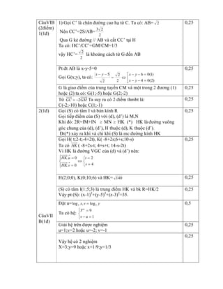 1) Gọi C’ là chân đường cao hạ từ C. Ta có: AB=  2 
Nên CC’=2S/AB= 
2 
2 3 
Qua G kẻ đường // AB và cắt CC’ tại H 
Ta có: HC’/CC’=GM/CM=1/3 
vậy HC’= 
2 
2 
là khoảng cách từ G đến AB 
0,25 
Pt đt AB là x­y­5=0 
Gọi G(x;y), ta có: ê
ë
é
=--
=--
Û=
-- 
) 2 ( 0 4 
) 1 ( 0 6 
2 
2 
2 
5 
y x 
y x y x 
0,25 
G là giao điểm của trung tuyến CM và một trong 2 đương (1) 
hoặc (2) ta có: G(1;­5) hoặc G(2;­2) 
0,25 
CâuVIB 
(2điểm) 
1(1đ) 
Từ  GM GC  2-=  Ta suy ra có 2 điểm thmbt là: 
C(­2;­10) hoặc C(1;­1) 
0,25 
Gọi (S) có tâm I và bán kính R 
Gọi tiếp điểm của (S) với (d), (d’) là M,N 
Khi đó: 2R=IM+IN ³  MN ³  HK  (*)  HK là đường vuông 
góc chung của (d), (d’), H thuộc (d), K thuộc (d’). 
Đt(*) xảy ra khi và chỉ khi (S) là mc đường kính HK 
0,25 
Gọi H( t;2­t;­4+2t), K( ­8+2s;6+s;10­s) 
Ta có  HK ( ­8+2s­t; 4+s+t; 14­s­2t) 
Vì HK là đường VGC của (d) và (d’) nên:
î
í
ì
=
=
Û
ïî
ï
í
ì
=
= 
4 
2 
0 . 
0 . 
s 
t 
v HK 
u HK 
0,25 
H(2;0;0), K(0;10;6) và HK=  140  0,25 
(S) có tâm I(1;5;3) là trung điểm HK và bk R=HK/2 
Vậy pt (S): (x­1) 2 
+(y­5) 2 
+(z­3) 2 
=35. 
0,25 
Đặt u=  y v x  3 3  log , log = 
Ta có hệ:
î
í
ì
=-
= 
1 
9 3 
u v 
uv 
0,5 
Giải hệ trên được nghiệm 
u=1;v=2 hoặc u=­2; v=­1 
0,25 
2(1đ) 
CâuVII 
B(1đ) 
Vậy hệ có 2 nghiệm 
X=3;y=9 hoặc x=1/9;y=1/3 
0,25
 