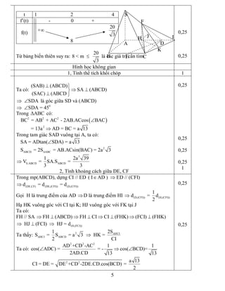 5 
t  1                          2                              4 
f’(t)  ­  0  + 
f(t) 
+¥ 
20 
3 
8 
Từ bảng biến thiên suy ra: 
20 
8 < m 
3
£  là các giá trị cần tìm 
0,25 
0,25 
Hình học không gian 
1, Tính thể tích khối chóp  1 
Ta có: 
(SAB) (ABCD) 
SA (ABCD) 
(SAC) (ABCD
^ ü
Þ ^ý
^ þ 
SDAÞ Ð  là góc giữa SD và (ABCD) 
0 
SDA = 45Þ Ð 
Trong ΔABC  có:
( ) 2 2 2 
BC  = AB  + AC  ­ 2AB.ACcos BACÐ 
2 
= 13a AD = BC = a 13Þ 
Trong tam giác SAD vuông tại A, ta có: 
SA = ADtan( SDA) = a 13Ð 
2 
ABCD  ΔABC S  = 2S  = AB.ACsin(BAC) = 2a 3 
3 
S.ABCD ABCD 
1 2a 39 
V  =  SA.S  = 
3 3
Þ 
2, Tính khoảng cách giữa DE, CF 
0,25 
0,25 
0,25 
0,25 
1 
Trong mp(ABCD), dựng CI // ED ( I AD )Î  ED // (CFI)Þ 
(DE,CF) (DE,(CFI)) (D,(CFI)) d  = d  = dÞ
Gọi  H là trung điểm của AD ÞD là trung điểm HI Þ  (D,(CFI)) (H,(CFI)) 
1 
d  =  d 
2 
Hạ HK vuông góc với CI tại K; HJ vuông góc với FK tại J 
Ta có: 
FH // SA  FH (ABCD) FH CI CI (FHK) (FCI) (FHK)Þ ^ Þ ^ Þ ^ Þ ^ 
(H,(FCI)) HJ (FCI)   HJ = dÞ ^ Þ 
Ta thấy:  2 
ΔHCI ABCD 
1 
S  =  S  = a 3 
2 
ΔHCI 2S 
HK = 
CI
Þ 
Ta có: 
2 2 2 
AD +CD ­AC 1 1 
cos( ADC) =   = ­ cos( BCD)= 
2AD.CD  13 13
Ð Þ Ð 
2 2  a 13 
CI = DE =  DE +CD ­2DE.CD.cos(BCD) = 
2 
0,25 
0,25
S
A
B C
D
E
F
J IH
K
 