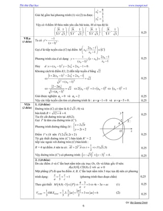 Thi thử Đại học www.toanpt.net
GV: Bïi Quang ChÝnh
6
Giải hệ gồm hai phương trình (1) và (2) ta được







3
1
3
8
2
0
2
0
y
x
Vậy có 4 điểm M thỏa mãn yêu cầu bài toán, M có tọa độ là:
































3
1
;
3
8
;
3
1
;
3
8
;
3
1
;
3
8
;
3
1
;
3
8
0,25
VII.a
(1 ®iÓm) Ta có .
)1(
1
' 2



x
y
Gọi d là tiếp tuyến của (C) tại điểm  C
x
x
xM 







1
12
;
0
0
0
Phương trình của d có dạng:  
1
12
)1(
1
0
0
02
0





x
x
xx
x
y
Hay 0122)1(: 0
2
0
2
0  xxyxxd .
Khoảng cách từ điểm I(1; 2) đến tiếp tuyến d bằng 2
2
)1(1
122)1(21
4
0
2
0
2
0
2
0




x
xxx
0
4
0
2 2
2
1 ( 1)
x
x

 
 
      111112 2
0
4
0
2
0  xxx
Giải được nghiệm 0 0x  và 0 2x 
Vậy các tiếp tuyến cần tìm có phương trình là : 1 0x y   và 5 0x y   .
0,25
0,25
0,25
0,25
VI.b
(2 ®iÓm)
1. (1,0 ®iÓm)
Đường tròn (C) có tâm là I(-2 3 ; 0) và
bán kính R =  412 4.
Tia Oy cắt đường tròn tại A(0;2).
Gọi I’ là tâm của đường tròn (C’).
Phương trình đường thẳng IA :
2 3
2 2
x t
y t
 

 
Điểm 'I IA nên I’(2 3 ;2 2t t  )
Từ giả thiết đường tròn (C’) bán kính R’ = 2
tiếp xúc ngoài với đường tròn (C) bán kính :
R = 4 tại điểm A nên ta có:
1
2 ' '( 3;3)
2
AI I A t I   
 
Vậy đường tròn (C’) có phương trình:    
2 2
3 3 4x y    .
0,25
0,25
0,25
0,25
2. (1,0 ®iÓm)
Do các điểm A và C lần lượt nằm trên các trục Ox, Oy và khác gốc O nên:
   cCaA ;0;0,0;0; với 0ac
Mặt phẳng (P) đi qua ba điểm A, B, C lần lượt nằm trên 3 trục tọa độ nên có phương
trình dạng: 1
3

c
zy
a
x
(phương trình theo đoạn chắn)
Theo giả thiết    
4 3
4;0; 3 1 4 3M P c a ac
a c
        (1)
1 1 1
. .3. 3 6
3 3 2 2
OABC OAC
ac
V OB S ac ac      (2)
0,25
0,25
0,25
A
y
2
O
I
x
I
 