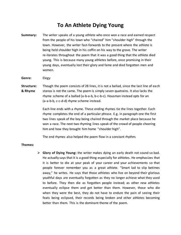 To An Athlete Dying Young Analysis PDF