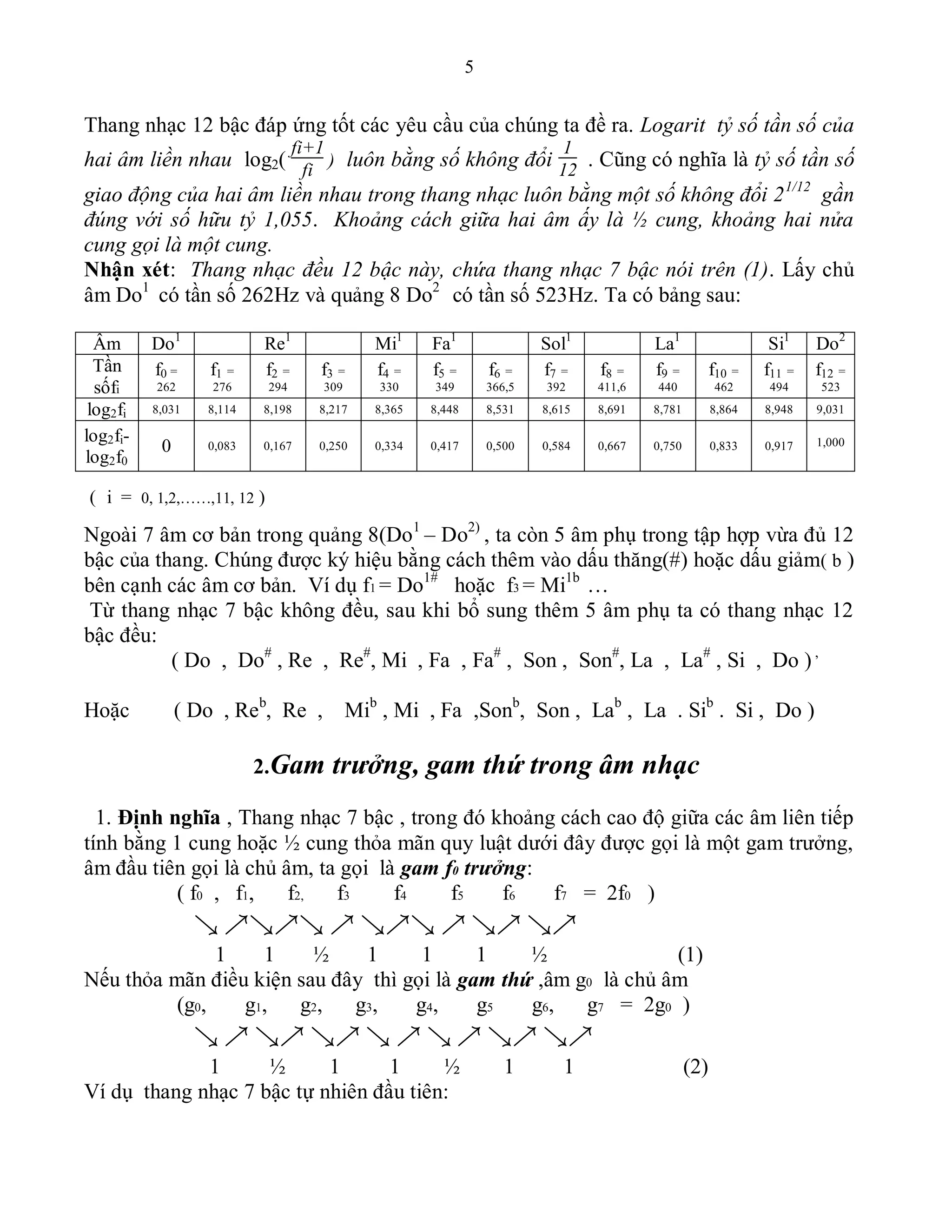 5
Thang nhạc 12 bậc đáp ứng tốt các yêu cầu của chúng ta đề ra. Logarit tỷ số tần số của
hai âm liền nhau log2(
fi+1
fi
) luôn bằng số không đổi
1
12
. Cũng có nghĩa là tỷ số tần số
giao động của hai âm liền nhau trong thang nhạc luôn bằng một số không đổi 21/12
gần
đúng với số hữu tỷ 1,055. Khoảng cách giữa hai âm ấy là ½ cung, khoảng hai nửa
cung gọi là một cung.
Nhận xét: Thang nhạc đều 12 bậc này, chứa thang nhạc 7 bậc nói trên (1). Lấy chủ
âm Do1
có tần số 262Hz và quảng 8 Do2
có tần số 523Hz. Ta có bảng sau:
Âm Do1
Re1
Mi1
Fa1
Sol1
La1
Si1
Do2
Tần
sốfi
f0 =
262
f1 =
276
f2 =
294
f3 =
309
f4 =
330
f5 =
349
f6 =
366,5
f7 =
392
f8 =
411,6
f9 =
440
f10 =
462
f11 =
494
f12 =
523
log2fi 8,031 8,114 8,198 8,217 8,365 8,448 8,531 8,615 8,691 8,781 8,864 8,948 9,031
log2fi-
log2f0
0 0,083 0,167 0,250 0,334 0,417 0,500 0,584 0,667 0,750 0,833 0,917 1,000
( i = 0, 1,2,……,11, 12 )
Ngoài 7 âm cơ bản trong quảng 8(Do1
– Do2)
, ta còn 5 âm phụ trong tập hợp vừa đủ 12
bậc của thang. Chúng được ký hiệu bằng cách thêm vào dấu thăng(#) hoặc dấu giảm( b )
bên cạnh các âm cơ bản. Ví dụ f1 = Do1#
hoặc f3 = Mi1b
…
Từ thang nhạc 7 bậc không đều, sau khi bổ sung thêm 5 âm phụ ta có thang nhạc 12
bậc đều:
( Do , Do#
, Re , Re#
, Mi , Fa , Fa#
, Son , Son#
, La , La#
, Si , Do ) ,
Hoặc ( Do , Reb
, Re , Mib
, Mi , Fa ,Sonb
, Son , Lab
, La . Sib
. Si , Do )
2.Gam trưởng, gam thứ trong âm nhạc
1. Định nghĩa , Thang nhạc 7 bậc , trong đó khoảng cách cao độ giữa các âm liên tiếp
tính bằng 1 cung hoặc ½ cung thỏa mãn quy luật dưới đây được gọi là một gam trưởng,
âm đầu tiên gọi là chủ âm, ta gọi là gam f0 trưởng:
( f0 , f1, f2, f3 f4 f5 f6 f7 = 2f0 )
      
1 1 ½ 1 1 1 ½ (1)
Nếu thỏa mãn điều kiện sau đây thì gọi là gam thứ ,âm g0 là chủ âm
(g0, g1, g2, g3, g4, g5 g6, g7 = 2g0 )
         
1 ½ 1 1 ½ 1 1 (2)
Ví dụ thang nhạc 7 bậc tự nhiên đầu tiên:
 