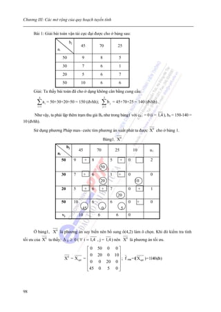 Chương III: Các mở rộng của quy hoạch tuyến tính


      Bài 1: Giải bài toán vận tải cực đại được cho ở bảng sau:

                                bj
                                           45           70               25
                     ai
                          50               9               8                5
                          30               7               6                1
                          20               5               6                7
                          50               10              6                6

      Giải: Ta thấy bài toán đã cho ở dạng không cân bằng cung cầu.
          4                                                    3

        ∑ a i = 50+30+20+50 = 150 (đvhh);
         i =1
                                                            ∑b
                                                            j =1
                                                                   j   = 45+70+25 = 140 (đvhh)


       Như vậy, ta phải lập thêm trạm thu giả B4 như trong bảng1 với c4 i = 0 (i = 1,4 ), b4 = 150-140 =
10 (đvhh).

      Sử dụng phương Pháp max- cước tìm phương án xuất phát ta được X0 cho ở bảng 1.

                                                               Bảng1. X0
                               bj
                                          45           70               25           10       u1
                     ai
                          50         9         +   8               5         +   0            2
                                                           50
                          30         7         +   6               1        +    0            0
                                                           20                        10
                          20         5         +   6        +      7             0        +   1
                                                                         20
                          50         10            6               6             0    +       0
                                           45               0                5
                          vj              10           6                6        0


      Ở bảng1, X0 là phương án suy biến nên bổ sung ô(4,2) làm ô chọn. Khi đó kiểm tra tính
tối ưu của X0 ta thấy: Δ ij ≥ 0 ( ∀ i = 1,4 , j = 1,4 ) nên X0 là phương án tối ưu.

                                                ⎡ 0 50 0 0 ⎤
                                                ⎢ 0 20 0 10⎥
                           X0 = Xopt           =⎢          ⎥ ; f max = f( Xopt ) = 1140 (đv)
                                                ⎢ 0 0 20 0 ⎥
                                                ⎢          ⎥
                                                ⎣ 45 0 5 0 ⎦



98
 