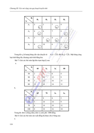 Chương III: Các mở rộng của quy hoạch tuyến tính




                               Bi
                                         B1            B2           B3           B4
                    Ai
                         A1         5             3            7            9
                                          12                         14
                         A2         4             6            7            8
                                          13                                      17
                         A3         5             3            4            7
                                                        20           10
                         A4         8             10           6            9
                                              5                                   13


      Trong đó xij là lượng hàng cần vận chuyển từ           Ai (i = 1,4) đến Bj (j = 1,4) . Mặt hàng cùng
loại tính bằng tấn, khoảng cách tính bằng km.
      Bài 7: Giải các bài toán lập kho trạm hợp lý sau:
       a.

                               bi
                                         40            b2           b3           80
                    ai
                         50         2             7            6            4
                         90         6             10           12           9
                         80         3             14           16           11
                         80         11            10           14           11

      b.

                               bi
                                         60            70           b3           b4
                    ai
                         70         4             9            8            5
                         110        5             10           14           9
                         70         6             14           18           11
                         100        8             10           16           10

      Trong đó: đơn vị hàng (tấn), đơn vị cước phí: 1000 đồng
      Bài 8: Giải các bài toán sản xuất đồng bộ được cho ở bảng sau:
      a.


118
 