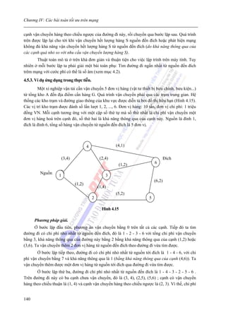 Chương IV: Các bài toán tối ưu trên mạng


cạnh vận chuyển hàng theo chiều ngược của đường đi này, rồi chuyển qua bước lặp sau. Quá trình
trên được lặp lại cho tới khi vận chuyển hết lượng hàng S nguồn đến đích hoặc phát hiện mạng
không đủ khả năng vận chuyển hết lượng hàng S từ nguồn đến đích (do khả năng thông qua của
các cạnh quá nhỏ so với nhu cầu vận chuyển lượng hàng S).
       Thuật toán mô tả ở trên khá đơn giản và thuận tiện cho việc lập trình trên máy tính. Tuy
nhiên ở mỗi bước lặp ta phải giải một bài toán phụ: Tìm đường đi ngắn nhất từ nguồn đến đích
trêm mạng với cước phí có thể là số âm (xem mục 4.2).
4.5.3. Ví dụ ứng dụng trong thực tiễn.
        Một xí nghiệp vận tải cần vận chuyển 5 đơn vị hàng (vật tư thiết bị bưu chính, bưu kiện...)
từ tổng kho A đến địa điểm cần hàng G. Quá trình vận chuyển phải qua các trạm trung gian. Hệ
thống các kho trạm và đường giao thông của khu vực được diễn tả bởi đồ thị hữu hạn (Hình 4.15).
Các vị trí kho trạm được đánh số lần lượt 1, 2, ..., 6. Đơn vị hàng: 10 tấn, đơn vị chi phí: 1 triệu
đồng VN. Mỗi cạnh tương ứng với một cặp số thứ tự mà số thứ nhất là chi phí vận chuyển một
đơn vị hàng hoá trên cạnh đó, số thứ hai là khả năng thông qua của cạnh này. Nguồn là đỉnh 1,
đích là đỉnh 6, tổng số hàng vận chuyển từ nguồn đến đích là 5 đơn vị.



                                        4                (4,1)

                        (3,4)                    (2,4)                              Đích
                                                          (1,2)             6

         Nguồn
                    1                               3
                                                                            (6,2)
                                (1,2)
                                                (1,4)
                                                         (5,2)
                                            2                           5

                                                  Hình 4.15

      Phương pháp giải.
       Ở bước lặp đầu tiên, phương án vận chuyển bằng 0 trên tất cả các cạnh. Tiếp đó ta tìm
đường đi có chi phí nhỏ nhất từ nguồn đến đích, đó là 1 - 2 - 3 - 6 với tổng chi phí vận chuyển
bằng 3, khả năng thông qua của đường này bằng 2 bằng khả năng thông qua của cạnh (1,2) hoặc
(3,6). Ta vận chuyển thêm 2 đơn vị hàng từ nguồn đến đích theo đường đi vừa tìm được.
       Ở bước lặp tiếp theo, đường đi có chi phí nhỏ nhất từ nguồn tới đích là 1 - 4 - 6, với chi
phí vận chuyển bằng 7 và khả năng thông qua là 1 (bằng khả năng thông qua của cạnh (4,6)). Ta
vận chuyển thêm được một đơn vị hàng từ nguồn tới đích qua đường đi vừa tìm được.
       Ở bước lặp thứ ba, đường đi chi phí nhỏ nhất từ nguồn đến đích là 1 - 4 - 3 - 2 - 5 - 6 .
Trên đường đi này có ba cạnh chưa vận chuyển, đó là (3, 4), (2,5), (5,6) ; cạnh có vận chuyển
hàng theo chiều thuận là (1, 4) và cạnh vận chuyển hàng theo chiều ngược là (2, 3). Vì thế, chi phí


140
 