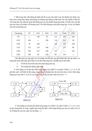 Chương IV: Các bài toán tối ưu trên mạng



       7. Một trung tâm viễn thông dự định nối tất cả các máy tính ở các chi nhánh trực thuộc vào
máy chủ ở trung tâm, bằng cách dùng các đường cáp thông tin đặc biệt. Các chi nhánh có thể nối
với trung tâm trực tiếp hay gián tiếp thông qua các chi nhánh trung gian khác. Chi phí cho việc đặt
cáp xem như tỷ lệ thuận với khoảng cách. Cho biết khoảng cách giữa trung tâm và các chi nhánh
cho như trong bảng sau:


          Văn phòng                  TT      CN1           CN2         CN3             CN4              CN5
              TT                     ⎯       190           70           115            270              160
            CN1                     190      ⎯             100          110            215              50
            CN2                      70      100           ⎯            140            120              220
              Cn3                   115      110           140          ⎯              175              80
            CN4                     270      215           120          175             ⎯               310
            CN5                     160      50            220          80             310              ⎯
        Nên đặt cáp trực tiếp giữa các chi nhánh nào để cho mọi chi nhánh đều liên lạc được với
trung tâm (trực tiếp hoặc gián tiếp) và chi phí tổng cộng cho việc đặt cáp là nhỏ nhất.
              a.       Vẽ đồ thị mô tả bài toán trên dưới dạng một cây
              b.       Tìm mạng liên thông ngắn nhất.
      8. Tìm luồng có chi phí nhỏ nhất trong mạng vẽ ở Hình 5 và 6 gồm 5 đỉnh 1, 2, 3, 4, 5. Số
ghi bên cạnh mỗi đỉnh là khả năng cung cấp (số dương) hay nhu cầu tiêu thụ (số âm). Khả năng
thông qua của cạnh (1,3) là 10, của cạnh (2,3) là 25, của mọi cạnh còn lại là + ∞ .


                                                                                  6 (dad=40)
                           6
      1: 20                           3: 0                           a: 50                              d: -70
                       5                          3
                                                                                   4            3
      2                                           5: -30
                   3                                             1                     c: 0
                                                                              2                     5
                           5       -a-                                             5 (dbe=40)
      2: 10                          4: 0     4                      b: 80                              e: -60

                               Hình 4.22                                 Hình 4.23


        9. Tìm luồng có chi phí nhỏ nhất trong mạng vẽ ở Hình 4.23, gồm 5 đỉnh 1, 2, 3, 4, 5. Các
số ghi trong hình vẽ cùng ý nghĩa như trong bài tập 9. Khả năng thông qua của các cạnh (1,4) và
(2,5) bằng 40, của các cạnh còn lại bằng + ∞.




144
 