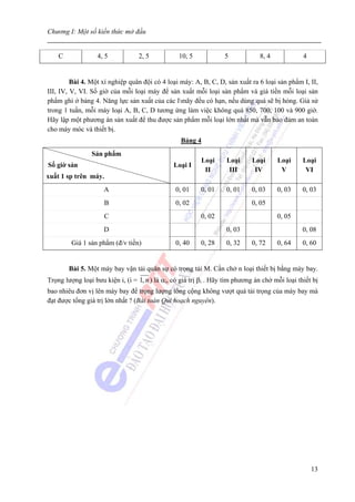 Chương I: Một số kiến thức mở đầu


    C              4, 5           2, 5            10, 5            5            8, 4             4


         Bài 4. Một xí nghiệp quân đội có 4 loại máy: A, B, C, D, sản xuất ra 6 loại sản phẩm I, II,
III, IV, V, VI. Số giờ của mỗi loại máy để sản xuất mỗi loại sản phẩm và giá tiền mỗi loại sản
phẩm ghi ở bảng 4. Năng lực sản xuất của các lmãy đều có hạn, nếu dùng quá sẽ bị hỏng. Giả sử
trong 1 tuần, mỗi máy loại A, B, C, D tương ứng làm việc không quá 850, 700, 100 và 900 giờ.
Hãy lập một phương án sản xuất để thu được sản phẩm mỗi loại lớn nhất mà vẫn bảo đảm an toàn
cho máy móc và thiết bị.
                                                  Bảng 4
                Sản phẩm
                                                          Loại      Loại     Loại      Loại      Loại
Số giờ sản                                      Loại I
                                                           II        III      IV        V         VI
xuất 1 sp trên máy.
                     A                          0, 01     0, 01     0, 01    0, 03     0, 03     0, 03
                     B                          0, 02                        0, 05
                     C                                    0, 02                        0, 05
                     D                                              0, 03                        0, 08
         Giá 1 sản phẩm (đ/v tiền)              0, 40     0, 28     0, 32    0, 72     0, 64     0, 60


        Bài 5. Một máy bay vận tải quân sự có trọng tải M. Cần chở n loại thiết bị bằng máy bay.
Trọng lượng loại bưu kiện i, (i = 1, n ) là αi, có giá trị βi . Hãy tìm phương án chở mỗi loại thiết bị
bao nhiêu đơn vị lên máy bay để trọng lượng tổng cộng không vượt quá tải trọng của máy bay mà
đạt được tổng giá trị lớn nhất ? (Bài toán Qui hoạch nguyên).




                                                                                                     13
 