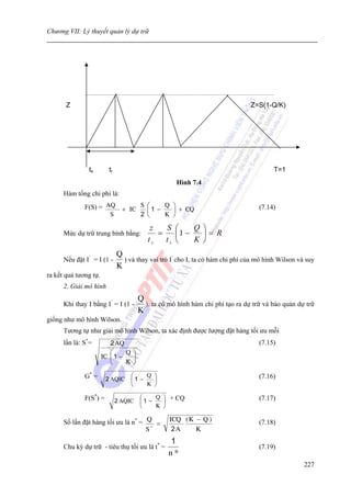 Chương VII: Lý thuyết quản lý dự trữ




       Z                                                                       Z=S(1-Q/K)




               ts        tr                                                             T=1
                                                    Hình 7.4
      Hàm tổng chi phí là:
              F(S) = AQ + IC S ⎛ 1 − Q ⎞ + CQ
                               ⎜       ⎟                                          (7.14)
                      S      2 ⎝     K ⎠

                                           z   S    ⎛    Q⎞
      Mức dự trữ trung bình bằng:            =      ⎜1 −   ⎟= R
                                          ts   ts   ⎝    K ⎠
                              Q
      Nếu đặt I’ = I (1 -       ) và thay vai trò I’ cho I, ta có hàm chi phí của mô hình Wilson và suy
                              K
ra kết quả tương tự.
      2. Giải mô hình
                                       Q
      Khi thay I bằng I’ = I (1 -        ), ta có mô hình hàm chi phí tạo ra dự trữ và bảo quản dự trữ
                                       K
giống như mô hình Wilson.
      Tương tự như giải mô hình Wilson, ta xác định được lượng đặt hàng tối ưu mỗi
      lần là: S*=         2 AQ                                                    (7.15)
                          ⎛     Q ⎞
                       IC ⎜ 1 −   ⎟
                          ⎝     K ⎠

              G* =      2 AQIC
                                   ⎛
                                   ⎜1 −
                                        Q ⎞
                                          ⎟
                                                                                  (7.16)
                                   ⎝    K ⎠

              F(S*) =         2 AQIC
                                       ⎛
                                       ⎜1 −
                                            Q ⎞ + CQ
                                              ⎟
                                                                                  (7.17)
                                       ⎝    K ⎠

      Số lần đặt hàng tối ưu là n* = Q =          ICQ ( K − Q )                   (7.18)
                                     S*            2A     K
                                                 1
      Chu kỳ dự trữ - tiêu thụ tối ưu là t* =                                     (7.19)
                                                 n*
                                                                                                   227
 