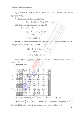 Chương II: Quy hoạch tuyến tính


          x (opt) = (6,0,1 / 4,0,0,53 / 4,0,0) các ẩn giả x7 = x8 = 0 nên bài toán đầu có
              4


x (opt) = (6,0,7 / 4,0) .
    2



          Vậy khi đó bài toán có vô số phương án tối ưu:
                                  {Xopt} = {λ x (1) + (1 − λ ) x ( 2 ) ;0 ≤ 1
                                                opt              opt            } và fmax = 6
          Bài 9. Giải và biện luận bài toán sau theo tham số λ
                   f(x) = 5x1 + 2x2 + 5x3 → min
                                 ⎧
                                 ⎪3λ ( x 1 − 1) − x 2 + 4 x 5 ≥ 2 - 3λ
                                 ⎪
                                 ⎨λx 1 + x 2 + x 3            ≥3
                                 ⎪               ___
                                 ⎪x j ≥ 0 ( j = 1,3); λ ≠ 0
                                 ⎩
          Giải. Đưa bài toán về dạng chính tắc với 2 biến phụ x4, x5 ≥ 0 sau đó đưa về bài toán “M”
                            __
với ẩn giả x6 ≥ 0: f( x ) = 5x1 + 2x2 + 5x3 + Mx6 → min
                                  ⎧
                                  ⎪3λ ( x 1 − 1) − x 2 + 4 x 5 + x 6 = 2 - 3λ
                                  ⎪
                                  ⎨λx 1 + x 2 + x 3 + x 5            =3
                                  ⎪               ___
                                  ⎪x j ≥ 0 ( j = 1,6); λ ≠ 0; M >> 0
                                  ⎩
                                                                                    __ ( 0 )
      Bài toán “M” có ngay phương án cực biên xuất phát: x                                     = (0,0,0,0,3,2) với cơ sở đơn vị:
{A6, A5 } = E2.
          Lập bảng đơn hình


             C1   A1 Phương 5        2      5      0    0                       M
             Cơ   Cơ án       A1    A2    A3      A4 A5                         A6
             sở   sở
__( 3 )      M    A6    2     3λ    -1      4     -1    0                       1
  x ↔         0   A5    3      λ     1      1      0    1                       0
__( 4 )               2M 3Mλ-5 -M-2 4M-5 - M 0                                  0
  x ↔         5   A3 1/2     3λ/4 -1/4      1    -1/4 0
              0   A5 5/2      λ/4   5/4     0     1/4   1
                      5/2 15λ-20 -13/4      0    -5/4 0
__( 2 )
                               4
  x ↔         5   A1 2/(3λ)    1 -1/(3λ) 4/(3λ) -1/(3λ) 0
              0   A5 7/3       0    4/3   -1/3    1/3   1
                     10/(3λ)   0  -5- 6λ 20-15λ   -5    0
                                    3λ     3λ     3λ
                                                   (0)
          Trong bảng đơn hình ứng với x                  tồn tại: Δ1 = 3Mλ -5 và Δ3 = 4M -5 > 0.
                         4                                                                   (1 )
          a. Nếu 0 ≠ λ <    thì Δ3 > Δ1 và Δ3 > 0. Đưa véctơ A3 vào cơ sở ta được phương án x =
                         3
(0,0,1/2,0,5/2,0) ẩn giả x6 = 0 nên bài toán ban đầu có xopt = (0,0,1/2) và fmin = 5/2.
                                                                                                  47
 