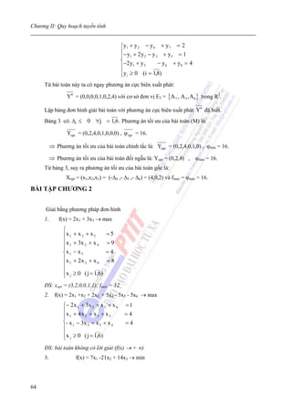 Chương II: Quy hoạch tuyến tính


                                               ⎧ y1 + y 2 − y 4 + y 7 = 2
                                               ⎪− y + 2 y − y + y = 1
                                               ⎪ 1        2    3       5
                                               ⎨ −2 y + y        − y 6 + y8 = 4
                                               ⎪     1    3

                                               ⎪y i ≥ 0 (i = 1,8)
                                               ⎩
     Từ bài toán này ta có ngay phương án cực biên xuất phát:

                 Y0 = (0,0,0,0,1,0,2,4) với cơ sở đơn vị E3 = {A 7 , A 5 , A 8 } trong R3.

     Lập bảng đơn hình giải bài toán với phương án cực biên xuất phát Y0 đã biết.
     Bảng 3 có: Δj ≤ 0 ∀j = 1,6 . Phương án tối ưu của bài toán (M) là:

                 Yopt = (0,2,4,0,1,0,0,0) , ϕ opt = 16.

          ⇒ Phương án tối ưu của bài toán chính tắc là: Yopt = (0,2,4,0,1,0) , ϕmin = 16.

          ⇒ Phương án tối ưu của bài toán đối ngẫu là: Yopt = (0,2,4) , ϕmin = 16.
     Từ bảng 3, suy ra phương án tối ưu của bài toán gốc là:
                 Xopt = (x1,x2,x3) = (-Δ4 ,- Δ5 ,- Δ6) = (4,0,2) và fmax = ϕmin = 16.

BÀI TẬP CHƯƠNG 2


      Giải bằng phương pháp đơn hình
     1.       f(x) = 2x1 + 3x3 → max
                ⎧
                ⎪x 1   + x 2 + x3       =5
                ⎪x     + 3x 2 + x 4     =9
                ⎪ 1
                ⎪
                ⎨x 1   − x5             =4
                ⎪x     + 2x 2 + x 6     =8
                ⎪ 1
                ⎪                ___
                ⎪x j
                ⎩      ≥ 0 ( j = 1,6)

     ĐS: xopt = (3,2,0,0,1,1); fmax = 12
     2. f(x) = 2x1 +x2 + 2x3 + 5x4 - 5x5 - 5x6 → max
                ⎧− 2 x 1 + 3 x 2 + x 3 + x 6     =1
                ⎪x + 4 x + x + x                =4
                ⎪ 1        2     3     5
                ⎨- x 1 − 3x 2 + x 3 + x 4        =4
                ⎪               ___
                ⎪x ≥ 0 ( j = 1,6)
                ⎩ j
     ĐS: bài toán không có lời giải (f(x) → + ∞)
     3.                 f(x) = 7x1 -21x2 + 14x3 → min




64
 
