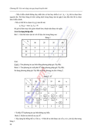Chương III: Các mở rộng của quy hoạch tuyến tính


       - Nếu ô điều chỉnh không duy nhất (tức có hai hay nhiều ô có Δij = Δrs) thì ta chọn theo
nguyên tắc: Xét theo hàng từ trên xuống dưới trong bảng vận tải gặp ô nào đầu tiên thì ta chọn
làm ô điều chỉnh.
      - Nếu có thể thì ta chọn ô (i0,j0) nào đó mà:
              q .Δi0,j0 = max {q. Δij }>0
      thì giá trị hàm mục tiêu giảm nhanh hơn, thuật toán được rút ngắn.
      3.1.4. Các dạng bài tập mẫu
      Bài 1: Giải bài toán vận tải với số liệu cho trong bảng sau:
                                                            Bảng 1

                            bj
                                          30           25                35                40
                  ai
                       45                 9             1                    2             7
                       50                 5             4                    6             2
                       35                 5             6                    1             3


      Giải:
      Cách 1: Tìm phương án cực biên bằng phương pháp góc Tây Bắc.
      Bước 1: Tìm phương án xuất phát X0 bằng phương pháp góc Tây Bắc.
      Sử dụng phương pháp góc Tây Bắc ta được phương án cho ở bảng 2.


                                                        Bảng 2: X0
                                 bj
                                          30           25           35               40         ui
                       aj
                            45        9            1            2        1       7    -8        0
                                      1 - 30       2 + 15
                            50        5            4            6                2              3
                                                   3 - 10       4    35          5+ 5
                            35        5        8   6       -1   1        6       3              4
                                          +                                      6 - 35
                            vj             9           1             3               -1


      + Ta thấy X0 là phương án cực biên không suy biến.
      Bước 2: Kiểm tra tính tối ưu của X0.
      + Xây dựng hệ thống thế vị: Cho u1 = 0 khi đó ta tính được các số ui và vj còn lại như trong
bảng 1.
84
 
