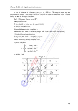 Chương III: Các mở rộng của quy hoạch tuyến tính


      + Tính số kiểm tra: Số kiểm tra Δij= ui+ vj-cij (i = 1.m , j = 1.n ) được ghi ở góc trên bên
phải như trong bảng 1. Trong bảng 1 ta thấy X0 chưa tối ưu vì tồn tại một số ước lượng kiểm tra
không âm. Khi đó ta chuyển sang bước 3.
      Bước 3: Xây dựng phương án mới X1.
      + Chọn ô điều chỉnh.
      Ô điều chỉnh là ô (1,3) vì Δ13 = 8 = max{7,8,1,6 }.
      + Tìm chu trình điều chỉnh.
      Chu trình điều chỉnh như trong bảng 1.
      + Đánh dấu chẵn lẻ xen kẽ như trong bảng 1. (Bắt đầu từ ô điều chỉnh đánh dấu (+))
      + Xác định lượng hàng điều chỉnh.
      Lượng hàng điều chỉnh q = min{30,10,35}=10.
      + Điều chỉnh sang phương án mới X1 = (x 1 )
                                              ij

      Dựa vào công thức:
                         ⎧x ij     nÕu (i, j) ∉ V
                         ⎪
                         ⎪
                 x /ij = ⎨x ij + q nÕu (i, j) ∈ V+
                         ⎪
                         ⎩x ij - q nÕu (i, j) ∈ V
                         ⎪
                                                  -



      ta có bảng 3 sau:
                                                          Bảng 3: X1
                              bj
                                       30            25           35           40       ui
                    aj
                         45        9             1            2        9   7        0   0
                                       - 20              25       +
                         50        5        -1   4       -8   6            2            -5
                                                                  - 35         + 15
                         35        5             6       -9   1        6   3            -4
                                       + 10                                    - 25
                         vj            9             1            11            7




                                                                                               85
 