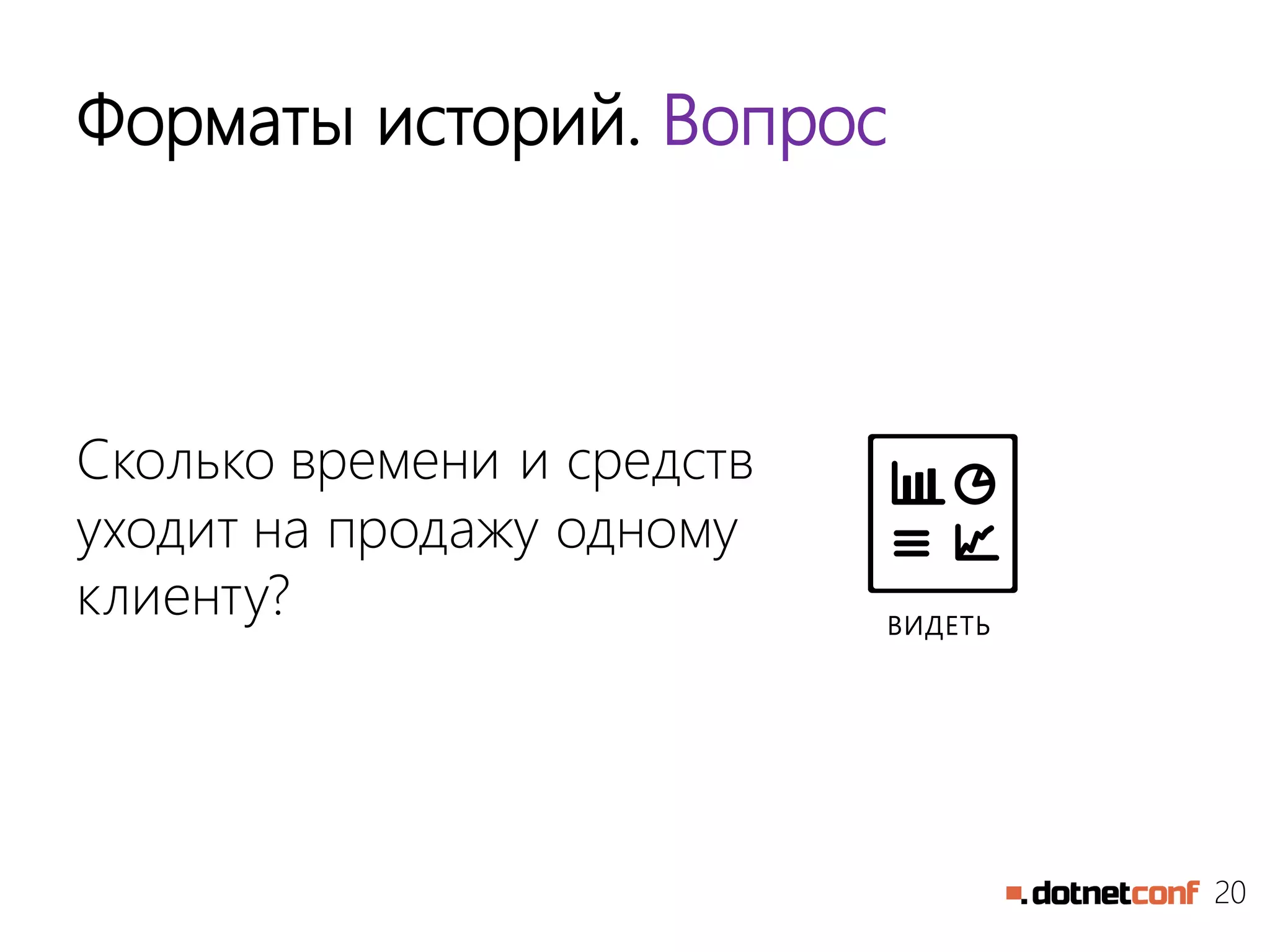 20
Форматы историй. Вопрос
Сколько времени и средств
уходит на продажу одному
клиенту? ВИДЕТЬ
 