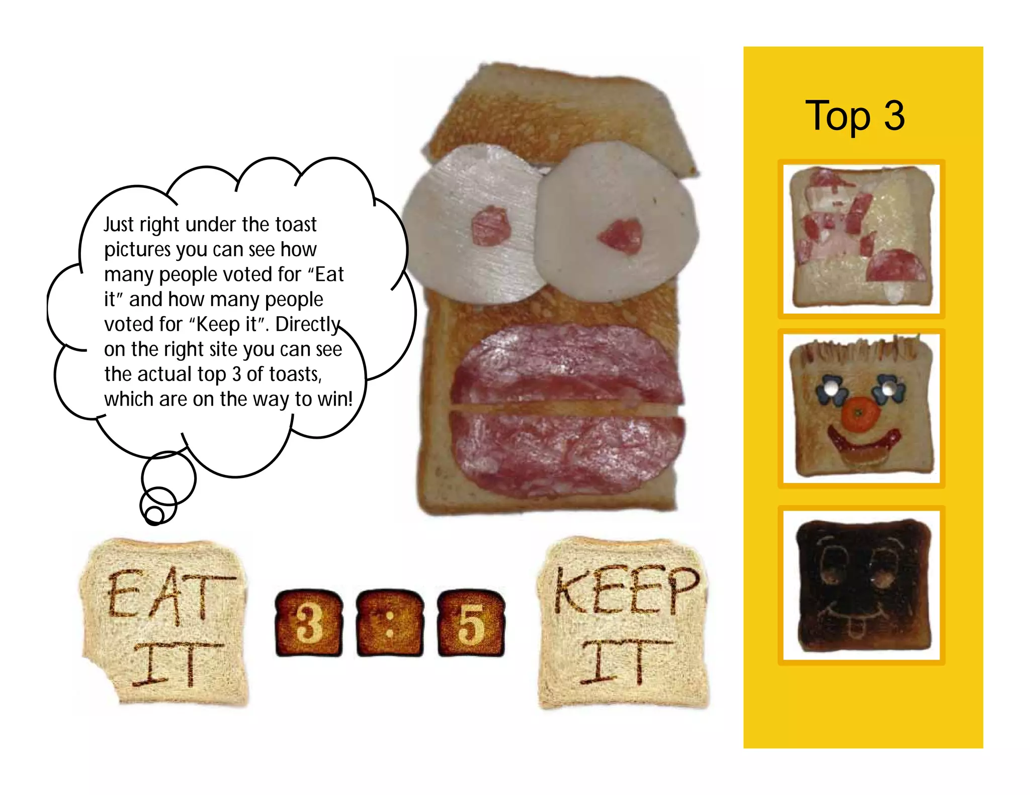 Top 3

Just right under the toast
pictures you can see how
many people voted for “Eat
it” and how many people
voted for “Keep it”. Directly
on the right site you can see
the actual top 3 of toasts,
which are on the way to win!
 