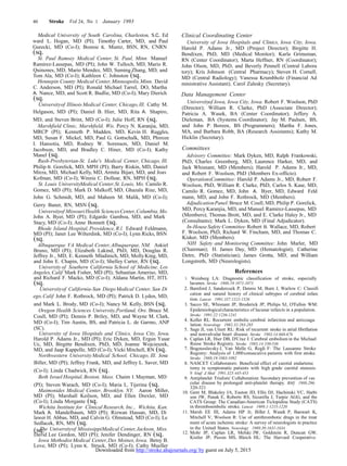 40 Stroke Vol 24, No 1 January 1993
Medical University of South Carolina, Charleston, S.C. Ed
ward L. Hogan, MD (PI); Timothy Carter, MD, and Paul
Gurecki, MD (Co-I); Bonnie K. Muntz, BSN, RN, CNRN
(sq.
St. Paul Ramsey Medical Center, St. Paul, Minn. Manuel
Ramirez-Lassepas, MD (PI); John W. Tulloch, MD, Mario R.
Quinones, MD, Mario Mendez, MD, Suming Zhang, MD, and
Tom Ala, MD (Co-I); Kathleen C. Johnston (sq.
Hennepin County Medical Center,Minneapolis,Minn. David
C. Anderson, MD (PI); Ronald Michael Tarrel, DO, Martha
A. Nance, MD, and Scott R. Budlie, MD (Co-I); Mary Dierich
(sq.
Universityof Illinois Medical Center, Chicago,Ill. Cathy M.
Helgason, MD (PI); Daniel B. Hier, MD, Rita A. Shapiro,
MD, and Steven Brint, MD (Co-I); Julie Hoff, RN (sq.
Marshfield Clinic, Marshfield, Wis. Percy N. Karanjia, MD,
MRCP (PI); Kenneth P. Madden, MD, Kevin H. Ruggles,
MD, Susan F. Mickel, MD, Paul G. Gottschalk, MD, Phiroze
I. Hansotia, MD, Rodney W. Sorenson, MD, Daniel M.
Jacobson, MD, and Bradley C. Hiner, MD (Co-I); Kathy
Manel (sq.
Rush-Presbyterian-St. Luke's Medical Center, Chicago, Ill.
Philip B. Gorelick, MD, MPH (PI); Barry Riskin, MD, Daniel
Mirza, MD, Michael Kelly, MD, Armita Bijari, MD, and Joav
Kofman, MD (Co-I); Winnie C. Dollear, RN, MPH (sq.
St. Louis UniversityMedical Center,St. Louis, Mo. Camilo R.
Gomez, MD (PI); Mark D. Malkoff, MD, Ghazala Riaz, MD,
John G. Schmidt, MD, and Maheen M. Malik, MD (Co-I);
Gerry Banet, RN, MSN (sq.
Universityof MissouriHealth SciencesCenter,Columbia,Mo.
John A. Byer, MD (PI); Edgardo Gamboa, MD, and Mark
Stacy, MD (Co-I); Anne Bonnett (sq.
Rhode Island Hospital, Providence, R.l. Edward Feldmann,
MD (PI); Janet Lee Wilterdink, MD (Co-I); Lynn Ricks, BSN
(sq.
Albuquerque VA Medical Center,Albuquerque, NM. Askiel
Bruno, MD (PI); Elizabeth Lakind, PhD, MD, Douglas R.
Jeffrey Jr., MD, E. Kenneth Mladinich, MD, MollyKing, MD,
and John E. Chapin, MD (Co-I); Shelley Carter, RN (sq.
University of Southern California School of Medicine, Los
Angeles,Calif Mark Fisher, MD (PI); Sebastian Ameriso, MD,
and Richard F. Macko, MD (Co-I); Aldana Martin, HT, HTL
(sq.
Universityof California-San Diego Medical Center, San Di
ego,Calif John F. Rothrock, MD (PI); Patrick D. Lyden, MD,
and Mark L. Brody, MD (Co-I); Nancy M. Kelly, BSN (sq.
Oregon Health Sciences University,Portland, Ore. Bruce M.
Coull, MD (PI); Dennis P. Briley, MD, and Wayne M. Clark,
MD (Co-I); Tim Austin, BS, and Patricia L. de Garmo, ANP
(SC).
University of Iowa Hospitals and Clinics, Iowa City, Iowa.
Harold P. Adams Jr., MD (PI); Eric Dyken, MD, Ergun Yasar
Uc, MD, Birgitte Bendixen, PhD, MD, Joanne Wojcieszek,
MD, and Jaap Kappelle, MD (Co-I); Vicki Mitchell, RN (sq.
Northwestern UniversityMedical School, Chicago, Ill. Jose
Biller, MD (PI); Jeffrey Frank, MD, and Jeffrey L. Saver, MD
(Co-I); Linda Chadwick, RN (sq.
Beth Israel Hospital, Boston, Mass. Chaim I. Mayman, MD
(PI); Steven Warach, MD (Co-I); Maria L. Tijerina (sq.
Maimonides Medical Center, Brooklyn, NY. Aaron Miller,
MD (PI); Marshall Keilson, MD, and Ellen Drexler, MD
(Co-I); Linda Morgante (sq.
Wichita Institute for Clinical Research, Inc., Wichita, Kan.
Mark A. Mandelbaum, MD (PI); Rizwan Hassan, MD, Di
lawer H. Abbas, MD, and Calvin G. Olmstead, MD (Co-I); Le
Sedlacek, RN, MN (sq.
The Universityof MississippiMedical Center,Jackson, Miss.
David Lee Gordon, MD (PI); Jenifer Dendinger, RN (sq.
Iowa Methodist Medical Center,Des Moines, Iowa. Betsy B.
Love, MD (PI); Lynn K. Struck, MD (Co-I); Cathy Mueller
Clinical Coordinating Center
University of Iowa Hospitals and Clinics, Iowa City, Iowa.
Harold P. Adams Jr., MD (Project Director); Birgitte H.
Bendixen, PhD, MD (Medical Monitor); Karla Grimsman,
RN (Center Coordinator); Marta Heffner, RN (Coordinator);
John Olson, MD, PhD, and Beverly Pennell (Central Labora
tory); Kris Johnson (Central Pharmacy); Steven H. Cornell,
MD (Central Radiology); Vanessa Krumbholz (Financial Ad
ministrative Assistant); Carol Zalesky (Secretary).
Data Management Center
Universityof Iowa, Iowa City, Iowa. Robert F. Woolson, PhD
(Director); William R. Clarke, PhD (Associate Director);
Patricia A. Wasek, BA (Center Coordinator); Jeffery A.
Dieleman, BA (Systems Coordinator); Jay M. Paulsen, BS,
and John P. Boreen, BS (Programmers); Martha F. Jones,
MA, and Barbara Robb, BA (Research Assistants); Kathy M.
Hicklin (Secretary).
Committees
Advisory Committee: Mark Dyken, MD, Ralph Frankowski,
PhD, Charles Greenberg, MD, Laurence Harker, MD, and
Jack Whisnant, MD (Members); Harold P. Adams Jr., MD,
and Robert F. Woolson, PhD (Members Ex-officio).
OperationsCommittee: Harold P. Adams Jr., MD, Robert F.
Woolson, PhD, William R. Clarke, PhD, Carlos S. Kase, MD,
Camilo R. Gomez, MD, John A. Byer, MD, Edward Feld
mann, MD, and John F. Rothrock, MD (Members).
AdjudicationPanel:Bruce M. Coull, MD, Philip P. Gorelick,
MD, Percy Karanjia, MD, and Manuel Ramirez-Lassepas, MD
(Members); Thomas Brott, MD, and E. Clarke Haley Jr., MD
(Consultants); Mark L. Dyken, MD (Final Adjudicator).
In-House Safety Committee:Robert B. Wallace, MD, Robert
F. Woolson, PhD, Richard W. Fincham, MD, and Thomas C.
Kisker, MD (Members).
NIH Safety and Monitoring Committee: John Marler, MD
(Chairman); H. James Day, MD (Hematologist); Catherine
Detre, PhD (Statistician); James Grotta, MD, and William
Longstreth, MD (Neurologists).
References
1. Weisberg LA: Diagnostic classification of stroke, especially
lacunes. Stroke 1988;19:1071-1073
2. Bamford J, Sandercock P, Dennis M, Burn J, Warlow C: Classifi
cation and natural history of clinical subtypes of cerebral infarc
tion. Lancet 1991;337:1521-1526
3. Sacco SE, Whisnant JP, Broderick JP, Philips SJ, O'Fallon WM:
Epidemiologicalcharacteristics of lacunar infarcts in a population.
Stroke 1991;22:1236-1241
4. Koller RL: Recurrent embolic cerebral infarction and anticoagu
lation. Neurology 1982;32:283-285
5. Sage Jl, van Uitert RL: Risk of recurrent stroke in atrial fibrillation
and nonvalvular heart disease. Stroke 1983;14:668-676
6. Caplan LR, Hier DB, D'Cruz I: Cerebral embolism in the Michael
Reese Stroke Registry. Stroke 1983;14:530-536
7. Bogousslavsky J, Van Melle G, RegIi F: The Lausanne Stroke
Registry: Analysis of 1,000consecutive patients with first stroke.
Stroke 1988;19:1083-1092
8. NASCET Collaborators: Beneficial effect of carotid endarterec
tomy in symptomatic patients with high grade carotid stenosis.
N Engl J Med 1991;325:445-453
9. Antiplatelet Trialists' Collaboration: Secondary prevention of vas
cular disease by prolonged anti-platelet therapy. BM] 1988;296:
320-321
10. Gent M, Blakeley JA, Easton JD, Ellis DJ, Hachinski VC, Harbi
son JW, Panak E, Roberts RS, Sicurella J, Turpie AGG, and the
CATS Group: The Canadian-American Ticlopidine Study (CATS)
in thromboembolic stroke. Lancet 1989;1:1215-1220
11. Marsh EE III, Adams HP Jr, Biller J, Wasek P, Banwart K,
Mitchell V, Woolson R: Use of antithrombotic drugs in the treat
ment of acute ischemic stroke: A survey of neurologists in practice
in the United States. Neurology 1989;39:1631-1634
12. Mohr JP, Caplan LR, Melski JW, Goldstein R, Duncan GW,
Kistler JP, Pessin MS, Bleich HL: The Harvard Cooperative
(sq.
Downloaded from http://stroke.ahajournals.org/ by guest on July 5, 2015
 
