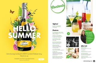 4 
From 
the editor 
I have a friend who says she can’t hear the sound of a Champagne 
cork popping without shouting out a heartfelt “wahay..!” 
I’m pretty sure we all know what she means, so synonymous 
is the sound with celebrations big and small. 
In this Spring issue of toast! we take a look 
beyond the cork pop at everyone’s favourite 
party drink, revisiting a few classics, trying a few 
fizzy cocktails, and making a few – sometimes 
surprising – suggestions at sparkling wines 
worth trying, just in time for Christmas. 
There, we’ve done it now. We’ve said the C-word. 
But as well as sparkling wine, we have some other 
great festive drink ideas all geared to a warm 
weathered (fingers crossed) festive season. 
Of course, spring also tends to be the season 
of restraint. We’re all considering a little more 
exercise and little less alcohol intake with 
summer skin-baring just around the corner. 
And we have you covered, with a look at the next 
generation of low-alcohol drinks. 
Consumers are increasingly demanding a 
bigger range of lighter drinks, and winemakers, 
cider makers and brewers are meeting them 
step for step with fantastic drinks that make no 
sacrifices on quality in the move to lower ABVs. 
Would it be wrong to celebrate that with the 
pop of a little Champagne? 
Cheers. 
Kerri Jackson Editor. 
editor@toastmag.co.nz 
Published by Image Centre 
Publishing Limited 
PO Box 78070, Grey Lynn 
Auckland 1245, New Zealand 
tangiblemedia.co.nz 
Publisher Vincent Heeringa 
Editor Kerri Jackson 
Editorial Manager Morgan McCann 
Marketing Manager Rita Shields 
From the 
drinks cabinet 
We’re loving this 
fruity cocktail as the 
perfect “bridging” 
drink between winter 
and spring. A splash 
of brandy for warmth, 
delicious fruitiness, and 
ice to keep things cool. 
150ml brandy 
240ml 
pineapple juice 
275ml Deep Spring 
Naturals Blackcurrant 
Half an orange, 
thinly sliced 
Put all ingredients into 
a pitcher or container 
and chill in the freezer 
for two to three hours 
until semi-frozen. Pour 
into rocks glasses. 
Like our Facebook page 
facebook.com/LiquorlandNZ 
or follow us on 
Twitter @LiquorlandNZ 
Account Directors 
LauraGrace McFarland, Fiona Kerr 
Contributors Kerri Jackson, 
Janice Marriott, Michael Donaldson 
Sales Managers Sam Wood, Amanda Clerke 
Cover Photographer Robin Hodgkinson 
Stylist Becks Silke, LauraGrace McFarland 
toast! is published for Liquorland Ltd 
DX Box EX11366, Auckland 
Telephone: 09 621 0875 
liquorland.co.nz 
The contents of toast! are protected by copyright 
and may not be reproduced in any form without 
the written permission of the publisher. Opinions 
expressed in toast! are not necessarily those of 
the publisher or the editor. Information contained 
in toast! is correct at the time of printing and 
while all due care and diligence has been taken 
in the preparation of this magazine, the publisher 
is not responsible for any mistakes, omissions, 
typographical errors or changes to product and 
service descriptions over time. 
Copyright 2014 Image Centre Group. 
 