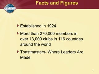 Established in 1924
More than 270,000 members in
over 13,000 clubs in 116 countries
around the world
Toastmasters- Where Leaders Are
Made
Facts and Figures
2
 