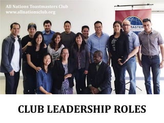 CLUB LEADERSHIP ROLES
All Nations Toastmasters Club
www.allnationsclub.org
 