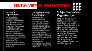 Network
Organization
adalah sebuah
perusahaan atau
kelompok perusahaan
yang memiliki struktur
formal minimum dan
bergantung hanya pada
pembentukan dan
pembubaran tim untuk
memenuhi tujuan
tertentu. Organisasi ini
memanfaatkan teknologi
informasi dan komunikasi
secara luas, dan
memanfaatkan
pengetahuan dan dalam
perusahaan di sepanjang
rantai nilai
BENTUK VIRTUAL ORGANIZATION
Objective Virtual
Organization
adalah sebuah
perusahaan atau
kelompok perusahaan
yang memiliki struktur
formal minimum dan
bergantung hanya pada
pembentukan dan
pembubaran tim untuk
memenuhi tujuan
tertentu. Organisasi ini
memanfaatkan teknologi
informasi dan komunikasi
secara luas, dan
memanfaatkan
pengetahuan dan dalam
perusahaan di sepanjang
rantai nilai
Subjective Virtual
Organization
adalah merupakan
organisasi virtual yang
dibentuk berdasarkan
tujuan. Organisasi jenis ini
akan mengoptimalkan
efisiensi dan efektivitas
serta daya saing melalui
prosesnya. Biasanya
organisasi formal yang
menerapkan bentuk ini
didukung dengan
penggunaaan robot dan
otomasi logistik.
 