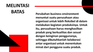 MELINTASI
BATAS Perubahan business environment
menuntut suatu perusahaan atau
organisasi untuk lebih fleksibel di dalam
melakukan kegiatan produksinya. Untuk
itu, perusahaan harus menghasilkan
produk yang berkualitas dan sesuai
dengan keinginan penggunanya,
sehingga dibutuhkanlah kolaborasi
antar organisasi untuk menentukan
minat dari pengguna suatu produk.
 