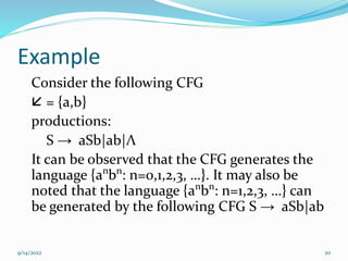 Example
Consider the following CFG
 = {a,b}
productions:
S → aSb|ab|Λ
It can be observed that the CFG generates the
language {an
bn
: n=0,1,2,3, …}. It may also be
noted that the language {an
bn
: n=1,2,3, …} can
be generated by the following CFG S → aSb|ab
9/14/2022 20
 