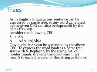 Trees
As in English language any sentence can be
expressed by parse tree, so any word generated
by the given CFG can also be expressed by the
parse tree, e.g.
consider the following CFG
S → AA
A → AAA|bA|Ab|a
Obviously, baab can be generated by the above
CFG. To express the word baab as a parse tree,
start with S. Replace S by the string AA, of
nonterminals, drawing the downward lines
from S to each character of this string as follows
9/14/2022 23
 