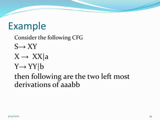 Example
Consider the following CFG
S→ XY
X → XX|a
Y→ YY|b
then following are the two left most
derivations of aaabb
9/14/2022 39
 