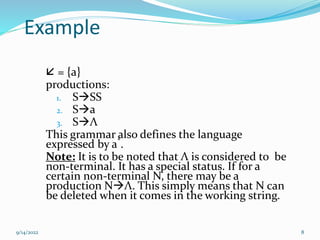 8
Example
 = {a}
productions:
1. SSS
2. Sa
3. SΛ
This grammar also defines the language
expressed by a*
.
Note: It is to be noted that Λ is considered to be
non-terminal. It has a special status. If for a
certain non-terminal N, there may be a
production NΛ. This simply means that N can
be deleted when it comes in the working string.
9/14/2022
 