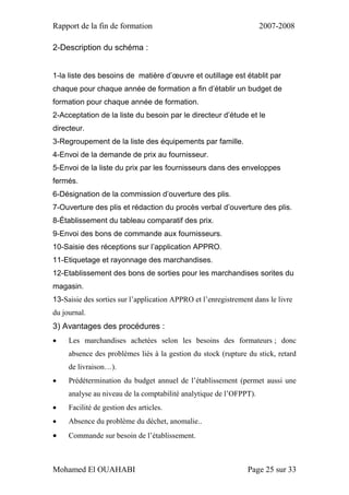 Rapport de la fin de formation 2007-2008
Mohamed El OUAHABI Page 25 sur 33
2-Description du schéma :
1-la liste des besoins de matière d’œuvre et outillage est établit par
chaque pour chaque année de formation a fin d’établir un budget de
formation pour chaque année de formation.
2-Acceptation de la liste du besoin par le directeur d’étude et le
directeur.
3-Regroupement de la liste des équipements par famille.
4-Envoi de la demande de prix au fournisseur.
5-Envoi de la liste du prix par les fournisseurs dans des enveloppes
fermés.
6-Désignation de la commission d’ouverture des plis.
7-Ouverture des plis et rédaction du procès verbal d’ouverture des plis.
8-Établissement du tableau comparatif des prix.
9-Envoi des bons de commande aux fournisseurs.
10-Saisie des réceptions sur l’application APPRO.
11-Etiquetage et rayonnage des marchandises.
12-Etablissement des bons de sorties pour les marchandises sorites du
magasin.
13-Saisie des sorties sur l’application APPRO et l’enregistrement dans le livre
du journal.
3) Avantages des procédures :
 Les marchandises achetées selon les besoins des formateurs ; donc
absence des problèmes liés à la gestion du stock (rupture du stick, retard
de livraison…).
 Prédétermination du budget annuel de l’établissement (permet aussi une
analyse au niveau de la comptabilité analytique de l’OFPPT).
 Facilité de gestion des articles.
 Absence du problème du déchet, anomalie..
 Commande sur besoin de l’établissement.
 