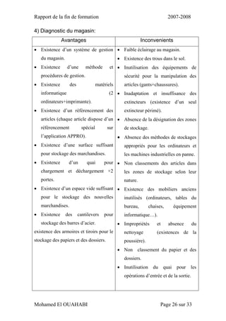 Rapport de la fin de formation 2007-2008
Mohamed El OUAHABI Page 26 sur 33
4) Diagnostic du magasin:
Avantages Inconvenients
 Existence d’un système de gestion
du magasin.
 Existence d’une méthode et
procédures de gestion.
 Existence des matériels
informatique (2
ordinateurs+imprimante).
 Existence d’un référencement des
articles (chaque article dispose d’un
référencement spécial sur
l’application APPRO).
 Existence d’une surface suffisant
pour stockage des marchandises.
 Existence d’un quai pour
chargement et déchargement +2
portes.
 Existence d’un espace vide suffisant
pour le stockage des nouvelles
marchandises.
 Existence des cantilevers pour
stockage des barres d’acier.
existence des armoires et tiroirs pour le
stockage des papiers et des dossiers.
 Faible éclairage au magasin.
 Existence des trous dans le sol.
 Inutilisation des équipements de
sécurité pour la manipulation des
articles (gants+chaussures).
 Inadaptation et insuffisance des
extincteurs (existence d’un seul
extincteur périmé).
 Absence de la désignation des zones
de stockage.
 Absence des méthodes de stockages
appropriés pour les ordinateurs et
les machines industrielles en panne.
 Non classements des articles dans
les zones de stockage selon leur
nature.
 Existence des mobiliers anciens
inutilisés (ordinateurs, tables du
bureau, chaises, équipement
informatique…).
 Impropriétés et absence du
nettoyage (existences de la
poussière).
 Non classement du papier et des
dossiers.
 Inutilisation du quai pour les
opérations d’entrée et de la sortie.
 