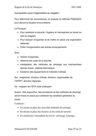 Rapport de la fin de formation 2007-2008
Mohamed El OUAHABI Page 29 sur 33
5-proposition pour l’organisation du magasin :
Pour déterminer les circonstances, on propose la méthode PQQOQCC
pour décrire la situation et le problème.
Le Pourquoi :
 Pour améliorer la sécurité, l’hygiène et l’atmosphère du travail au
sein du magasin.
 Pour essayer d’organiser et de mettre en place une organisation
adéquate.
 Eviter l’inorganisation des articles et équipements.
Quoi :
 Articles inorganisés,
 Absence des outils de la sécurité,
 Inadaptation des méthodes de stockage aux marchandises
(barres d’acier, matériel informatique
 Existence des équipements et matériels inutilisés.
Qui : magasinier, directeur d’étude, directeur, responsables de
l’OFPPT, direction régionale,
Où : magasin de l’ISTA route d’aéroport
Quand : Dès aujourd’hui, des procédures et des méthodes de stockage
seront mises en place pour améliorer les conditions générales du
travail.
Comment :
 En misant en place des nouvelles méthodes de stockage.
 En misant en place des mesures et des outils de sécurité.
 En améliorant l’atmosphère du travail : nettoyage, éclairage…
 
