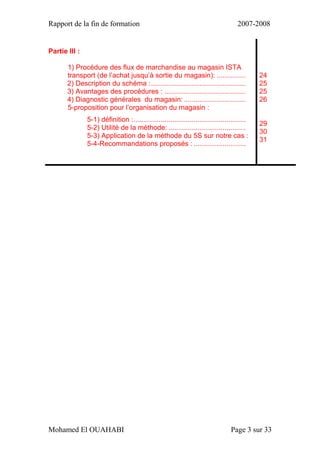 Rapport de la fin de formation 2007-2008
Mohamed El OUAHABI Page 3 sur 33
Partie III :
1) Procédure des flux de marchandise au magasin ISTA
transport (de l’achat jusqu’à sortie du magasin): ...............
2) Description du schéma :.................................................
3) Avantages des procédures : ..........................................
4) Diagnostic générales du magasin: ................................
5-proposition pour l’organisation du magasin :
5-1) définition :..........................................................
5-2) Utilité de la méthode: ........................................
5-3) Application de la méthode du 5S sur notre cas :
5-4-Recommandations proposés : ...........................
24
25
25
26
29
30
31
 