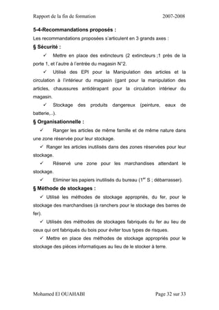 Rapport de la fin de formation 2007-2008
Mohamed El OUAHABI Page 32 sur 33
5-4-Recommandations proposés :
Les recommandations proposées s’articulent en 3 grands axes :
§ Sécurité :
 Mettre en place des extincteurs (2 extincteurs ;1 près de la
porte 1, et l’autre à l’entrée du magasin N°2.
 Utilisé des EPI pour la Manipulation des articles et la
circulation à l’intérieur du magasin (gant pour la manipulation des
articles, chaussures antidérapant pour la circulation intérieur du
magasin.
 Stockage des produits dangereux (peinture, eaux de
batterie,..).
§ Organisationnelle :
 Ranger les articles de même famille et de même nature dans
une zone réservée pour leur stockage.
 Ranger les articles inutilisés dans des zones réservées pour leur
stockage.
 Réservé une zone pour les marchandises attendant le
stockage.
 Eliminer les papiers inutilisés du bureau (1er
S ; débarrasser).
§ Méthode de stockages :
 Utilisé les méthodes de stockage appropriés, du fer, pour le
stockage des marchandises (à ranchers pour le stockage des barres de
fer).
 Utilisés des méthodes de stockages fabriqués du fer au lieu de
ceux qui ont fabriqués du bois pour éviter tous types de risques.
 Mettre en place des méthodes de stockage appropriés pour le
stockage des pièces informatiques au lieu de le stocker à terre.
 