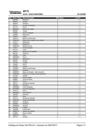 BF75
23/10/2006
62-02 - EIXO DIANTEIRO
Catálogo de Peças VALTRA 8.0 - Impresso em 26/07/2017 Página 1/1
Ref. Num. Peça Denominação Qtd Nota $ Unit.
1 HA6344 Parafuso 2 -----
2 585570 Arruela 2 -----
3 HA8347 Parafuso 2 -----
4 JD3112 Arruela de pressão 2 -----
5 JB1112 Porca 2 -----
6 80688431 Braço lado direito 1 -----
7 656080 Tampa 2 -----
8 KH4904 Anel de vedação 2 -----
9 LA9008 Rolamento 2 -----
10 216470 Junta 2 -----
11 GG0019 Niple de lubrificação 4 -----
12 83360100 Suporte da manga de eixo direito 1 -----
13 LA5113 Rolamento 2 -----
14 172880 Separador 2 -----
15 80881000 Manga de eixo 2 -----
16 173401 Anel espaçador 2 -----
17 KH1114 Junta 2 -----
18 LA5013 Rolamento de agulhas 2 -----
19 586150 Parafuso 12 -----
20 216290 Cubo 2 -----
21 80693600 Porca 12 -----
22 LA5109 Rolamento 2 -----
23 596220 Arruela 2 -----
24 JE3108 Cupilha 2 -----
25 JC3522 Porca 2 -----
26 243790 Tampa 2 -----
27 GG0088 Niple de lubrificação 2 -----
28 HS2316 Parafuso 6 -----
29 80688531 Braço da direção - lado esquerdo 1 -----
30 83360200 Suporte da manga de eixo esquerdo 1 -----
31 JE3106 Cupilha 2 -----
32 JC2903 Porca castelo 2 -----
33 858960 Terminal direito 1 -----
34 JB3713 Porca 3 -----
35 JD3113 Arruela de pressão 3 -----
36 HS5456 Parafuso 3 -----
37 80698000 Tubo de ligação 1 -----
38 80700000 Terminal esquerdo 1 -----
39 JB3719 Porca 4 -----
40 80690800 Eixo dianteiro 1 -----
41 HS5480 Parafuso 4 -----
42 JB1210 Guia 3 -----
43 JD3110 Arruela de pressão 3 -----
44 80694700 Chapa de proteção 1 -----
45 HA9236 Parafuso 3 -----
46 HA6359 Parafuso 2 -----
47 80689900 Suporte 1 -----
48 JE3106 Cupilha 4 -----
49 GG0086 Lubrificador 1 -----
50 80688710 Cilindro da direção 1 -----
51 JC2903 Porca castelo 4 -----
52 80689710 Pino 2 -----
53 JD3116 Arruela 2 -----
 