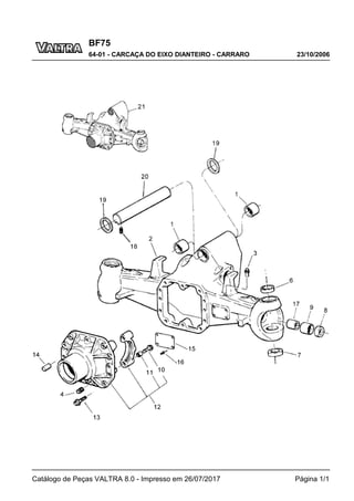 BF75
23/10/2006
64-01 - CARCAÇA DO EIXO DIANTEIRO - CARRARO
Catálogo de Peças VALTRA 8.0 - Impresso em 26/07/2017 Página 1/1
 