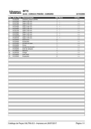 BF75
23/10/2006
64-02 - COROA E PINHÃO - CARRARO
Catálogo de Peças VALTRA 8.0 - Impresso em 26/07/2017 Página 1/1
Ref. Num. Peça Denominação Qtd Nota $ Unit.
1 81235700 Conjunto coroa e pinhão 1 -----
2 81237200 Calço 2,50 mm 1 * -----
2 81237300 Calço 2,60 mm 1 * -----
2 81237400 Calço 2,70 mm 1 * -----
2 81237500 Calço 2,80 mm 1 * -----
2 81237600 Calço 2,90 mm 1 * -----
2 81237700 Calço 3,00 mm 1 * -----
2 81237800 Calço 3,10 mm 1 * -----
2 81237900 Calço 3,20 mm 1 * -----
2 812380002 Calço 3,30 mm 1 * -----
2 81238100 Calço 3,40 mm 1 * -----
3 81235000 Rolamento 2 -----
4 81233400 Espaçador 1 -----
5 81233300 Arruela de trava 1 -----
6 81233200 Porca 1 -----
7 81239200 Arruela de encosto 1 -----
8 81235200 Anel de vedação 1 -----
9 81238800 Retentor 1 -----
10 81239100 Flange 1 -----
11 81234600 Anel trava 1 -----
12 81233500 Espaçador 2 -----
 