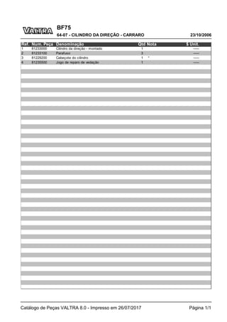 BF75
23/10/2006
64-07 - CILINDRO DA DIREÇÃO - CARRARO
Catálogo de Peças VALTRA 8.0 - Impresso em 26/07/2017 Página 1/1
Ref. Num. Peça Denominação Qtd Nota $ Unit.
1 81233000 Cilindro da direção - montado 1 -----
2 81233100 Parafuso 3 -----
3 81229200 Cabeçote do cilindro 1 * -----
4 81235500 Jogo de reparo de vedação 1 -----
 