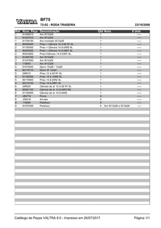 BF75
23/10/2006
72-02 - RODA TRASEIRA
Catálogo de Peças VALTRA 8.0 - Impresso em 26/07/2017 Página 1/1
Ref. Num. Peça Denominação Qtd Nota $ Unit.
1 81264610 Aro W10x28 1 -----
1 81247510 Aro W12x24 1 -----
1 81759100 Aro montado W12x28 1 -----
2 80554800 Pneu + Câmara 12.4-28 R1 6L 1 -----
2 81182400 Pneu + Câmara 14.9-24R2 6L 1 -----
2 80554500 Pneu + Câmara 14.9-28R1 8L 1 -----
2 80553900 Pneu+Câmara 14.9-24R1 6L 1 -----
3 81264700 Aro W10x38 1 -----
3 81247600 Aro W12x24 1 -----
3 119000 Aro W12x28 1 -----
4 81670400 Disco 10x28 / 12x28 1 -----
4 80174710 Disco W 12x24 1 -----
5 289010 Pneu 12.4-28 R1 6L 1 -----
5 81182500 Pneu 14.9 -24R2 6L 1 -----
5 80174600 Pneu 14.9-24R2 6L 1 -----
5 80219100 Pneu 14.9-28R1 8L 1 -----
6 289020 Câmara de ar 12.4-28 R1 6L 1 -----
6 80081100 Câmara de ar 14.9-24R1/R2 1 -----
6 81182600 Câmara de ar 14.9-24R2 1 -----
7 JB3716 Porca 6 -----
8 JD0416 Arruela 6 -----
9 119050 Parafuso 6 -----
9 81670300 Parafuso 6 Aro W12x28 e W10x28 -----
 