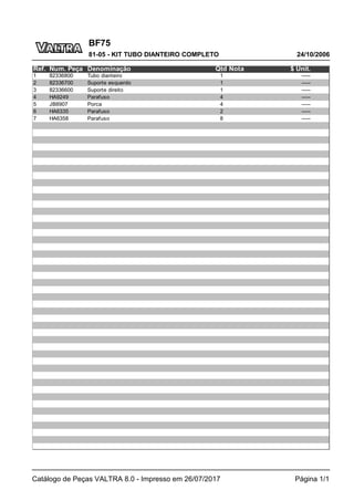 BF75
24/10/2006
81-05 - KIT TUBO DIANTEIRO COMPLETO
Catálogo de Peças VALTRA 8.0 - Impresso em 26/07/2017 Página 1/1
Ref. Num. Peça Denominação Qtd Nota $ Unit.
1 82336800 Tubo dianteiro 1 -----
2 82336700 Suporte esquerdo 1 -----
3 82336600 Suporte direito 1 -----
4 HA9249 Parafuso 4 -----
5 JB8907 Porca 4 -----
6 HA6335 Parafuso 2 -----
7 HA6358 Parafuso 8 -----
 