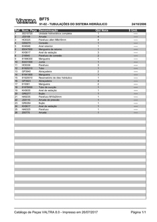 BF75
24/10/2006
91-02 - TUBULAÇÕES DO SISTEMA HIDRÁULICO
Catálogo de Peças VALTRA 8.0 - Impresso em 26/07/2017 Página 1/1
Ref. Num. Peça Denominação Qtd Nota $ Unit.
1 30210720 Unidade hidrostática completa 1 -----
2 JD3108 Arruela 4 -----
3 HC9325 Parafuso allen M8x16mm 4 -----
4 GS9270 Conexão 1 -----
5 KH4946 Anel retentor 1 -----
6 85047600 Mangueira de retorno 1 -----
7 KH3617 Anel de vedação 3 -----
8 216640 Parafuso de conexão 2 -----
9 81996300 Mangueira 1 -----
10 83431500 Junta 1 -----
11 HC9336 Parafuso 3 -----
12 81920210 Tubo 1 -----
13 GP3940 Abraçadeira 2 -----
14 81941800 Mangueira 1 -----
15 81920010 Reservatório de óleo hidráulico 1 -----
16 GP3923 Abraçadeira 4 -----
17 615581 Mangueira 2 -----
18 81878000 Tubo de sucção 1 -----
19 KH3635 Anel de vedação 1 -----
20 GR0277 Bujão 1 -----
21 HA9235 Parafuso M10x20mm 1 -----
22 JD3110 Arruela de pressão 1 -----
23 GR0284 Bujão 1 -----
24 KH3617 Anel de vedação 1 -----
25 HA6325 Parafuso 1 -----
26 200770 Arruela 1 -----
 