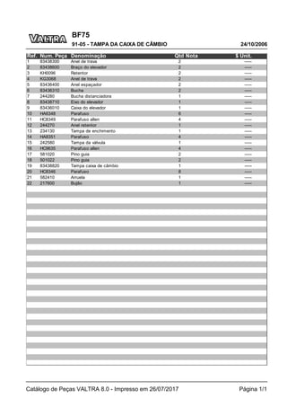 BF75
24/10/2006
91-05 - TAMPA DA CAIXA DE CÂMBIO
Catálogo de Peças VALTRA 8.0 - Impresso em 26/07/2017 Página 1/1
Ref. Num. Peça Denominação Qtd Nota $ Unit.
1 83438300 Anel de trava 2 -----
2 83438600 Braço do elevador 2 -----
3 KH0096 Retentor 2 -----
4 KG3068 Anel de trava 2 -----
5 83436400 Anel espaçador 2 -----
6 83436310 Bucha 2 -----
7 244280 Bucha distanciadora 1 -----
8 83438710 Eixo do elevador 1 -----
9 83436010 Caixa do elevador 1 -----
10 HA6348 Parafuso 6 -----
11 HC8349 Parafuso allen 4 -----
12 244270 Anel retentor 1 -----
13 234130 Tampa de enchimento 1 -----
14 HA8351 Parafuso 4 -----
15 242580 Tampa da válvula 1 -----
16 HC9635 Parafuso allen 4 -----
17 581020 Pino guia 2 -----
18 501022 Pino guia 2 -----
19 83438820 Tampa caixa de câmbio 1 -----
20 HC8346 Parafuso 8 -----
21 582410 Arruela 1 -----
22 217600 Bujão 1 -----
 