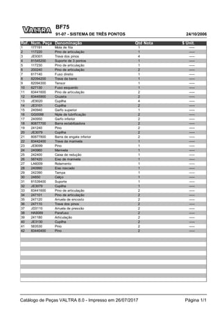 BF75
24/10/2006
91-07 - SISTEMA DE TRÊS PONTOS
Catálogo de Peças VALTRA 8.0 - Impresso em 26/07/2017 Página 1/1
Ref. Num. Peça Denominação Qtd Nota $ Unit.
1 177191 Mola de fita 1 -----
2 117220 Pino de articulação 1 -----
3 JE9301 Trava dos pinos 4 -----
4 81545200 Suporte de 3 pontos 1 -----
5 117230 Pino de articulação 1 -----
6 200240 Pino de articulação 2 -----
7 617140 Fuso direito 1 -----
8 82094200 Trava da barra 1 -----
9 82094300 Tensor 1 -----
10 627130 Fuso esquerdo 1 -----
11 83441600 Pino de articulação 2 -----
12 83445900 Cruzeta 2 -----
13 JE9020 Cupilha 4 -----
14 JE3101 Cupilha 2 -----
15 240940 Garfo superior 1 -----
16 GG0088 Niple de lubrificação 2 -----
17 240950 Garfo inferior 2 -----
18 80877700 Barra estabilizadora 2 -----
19 241240 Pino 2 -----
20 JE3079 Cupilha 2 -----
21 80877800 Barra de engate inferior 2 -----
22 83442400 Trava da manivela 1 -----
23 JE8099 Pino 1 -----
24 240960 Manivela 1 -----
25 242400 Caixa de redução 1 -----
26 587420 Eixo de manivela 1 -----
27 LA6009 Rolamento 1 -----
28 240990 Eixo roscado 1 -----
29 242390 Tampa 1 -----
30 24850 Calço 1 -----
31 81539400 Suporte 1 -----
32 JE3079 Cupilha 1 -----
33 83441600 Pino de articulação 2 -----
34 247101 Pino de articulação 2 -----
35 247120 Arruela de encosto 2 -----
36 247110 Trava dos pinos 2 -----
37 JD3110 Arruela de pressão 2 -----
38 HA9089 Parafuso 2 -----
39 241180 Articulação 2 -----
40 JE3130 Cupilha 2 -----
41 583530 Pino 2 -----
42 83440400 Pino 2 -----
 