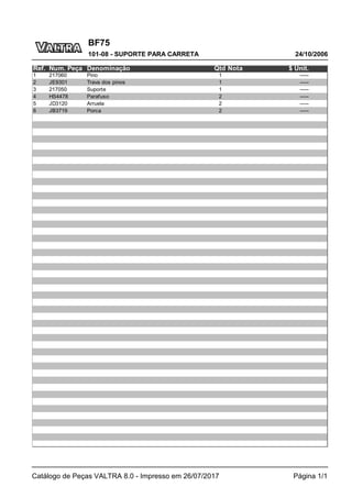BF75
24/10/2006
101-08 - SUPORTE PARA CARRETA
Catálogo de Peças VALTRA 8.0 - Impresso em 26/07/2017 Página 1/1
Ref. Num. Peça Denominação Qtd Nota $ Unit.
1 217060 Pino 1 -----
2 JE9301 Trava dos pinos 1 -----
3 217050 Suporte 1 -----
4 HS4478 Parafuso 2 -----
5 JD3120 Arruela 2 -----
6 JB3719 Porca 2 -----
 