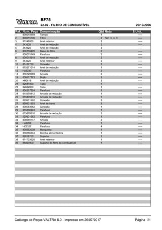 BF75
20/10/2006
22-02 - FILTRO DE COMBUSTÍVEL
Catálogo de Peças VALTRA 8.0 - Impresso em 26/07/2017 Página 1/1
Ref. Num. Peça Denominação Qtd Nota $ Unit.
1 836015959 Tampa 1 -----
2 836015106 Filtro 2 Ref. 3, 4, 5 -----
3 81248000 Anel retentor 2 -----
4 243620 Anel de vedação 2 -----
5 243620 Anel de vedação 2 -----
6 836116470 Base do filtro 2 -----
7 836015149 Parafuso 2 -----
8 836015918 Anel de vedação 2 -----
9 243920 Anel retentor 2 -----
10 81417700 Conexão 1 -----
11 615571014 Anel de vedação 1 -----
12 HA9230 Parafuso 2 -----
13 836120989 Arruela 2 -----
19 836117323 Bujão 2 -----
20 KH3618 Anel de vedação 3 -----
21 82641900 Tubo 1 -----
22 82632800 Tubo 1 -----
23 836117324 Parafuso 1 -----
24 615570812 Arruela de vedação 1 -----
25 615870610 Arruela de vedação 1 -----
26 899901992 Conexão 3 -----
27 899901993 Anel de trava 3 -----
28 836083662 Conexão 1 -----
29 835336943 Parafuso 1 -----
30 615870610 Arruela de vedação 3 -----
31 529801562 Parafuso 1 -----
32 836659747 Arruela 2 -----
33 HA9206 Parafuso 1 -----
34 HC9327 Parafuso 4 -----
35 836652038 Mangueira 1 -----
36 836666344 Bomba alimentadora 1 -----
37 82618700 Suporte 1 -----
38 614703626 Anel retentor 1 -----
39 85027800 Suporte do filtro de combustível 1 -----
 