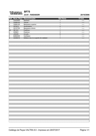 BF75
20/10/2006
23-01 - RADIADOR
Catálogo de Peças VALTRA 8.0 - Impresso em 26/07/2017 Página 1/1
Ref. Num. Peça Denominação Qtd Nota $ Unit.
1 33353400 Radiador 1 -----
2 33589100 Tampa 1 -----
3 33065100 Mangueira superior 1 -----
4 GP3915 Abraçadeira 4 -----
5 30107700 Mangueira inferior 1 -----
6A HE1321 Parafuso 1 -----
6 HC9621 Parafuso 3 -----
7 JD0408 Arruela 9 -----
8 82664000 Ventilador 1 -----
9 33358310 Defletor de ar e suporte do radiador 1 -----
 